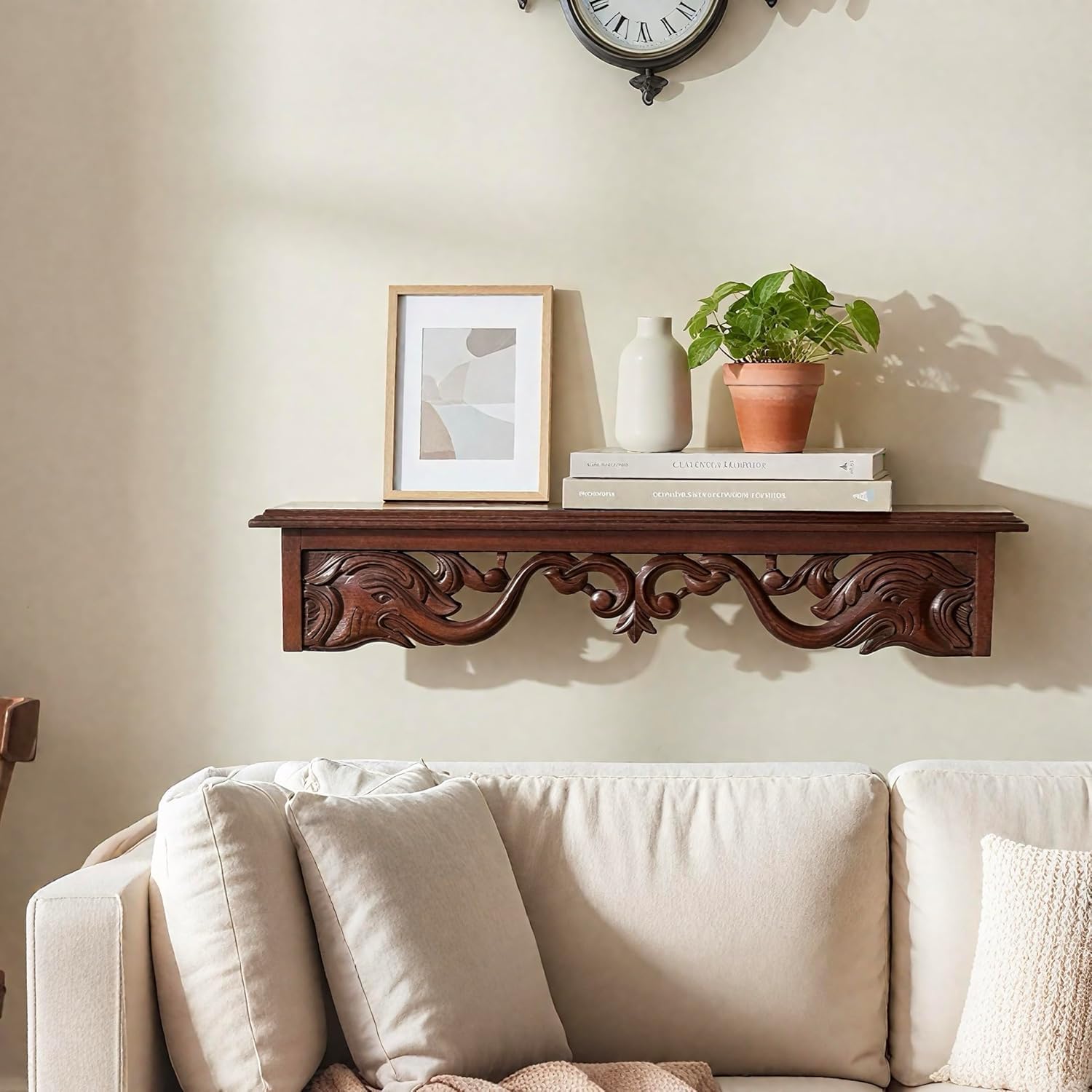 Handcrafted Wooden Wall Bracket Shelf | Decorative Solid Wood Wall Mount Shelf for Living Room, Bedroom, Mandir & Office | Vintage Carved Design | 24 x 5 x 4.5 Inches-image-15