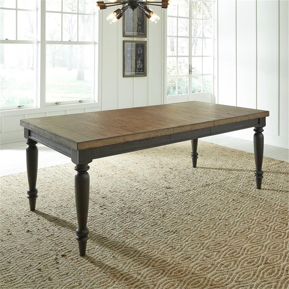 Pemberly Row Traditional Wood Rectangular Dining Table, Oak Finish, 30''Hx40''Wx82''D, Thick Butcher Block Top, Solid Wood Edge, Heavy Turned Legs, Includes 18-Inch Removable Leaf, Classic Style for
