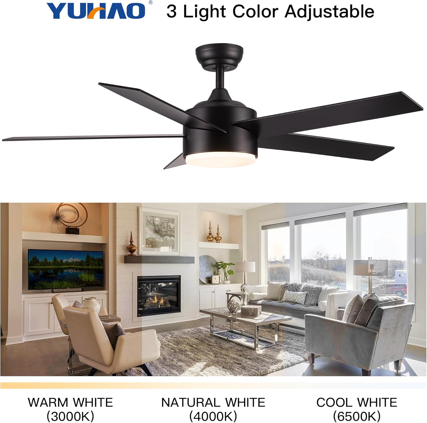 28 Inch Ceiling Fans with Lights and Remote, Modern Indoor Outdoor, 5 Reversible Blade Flushmount with DC Motor for Bedroom, Living Room, Kitchen (Matte Black, 52 Inch)