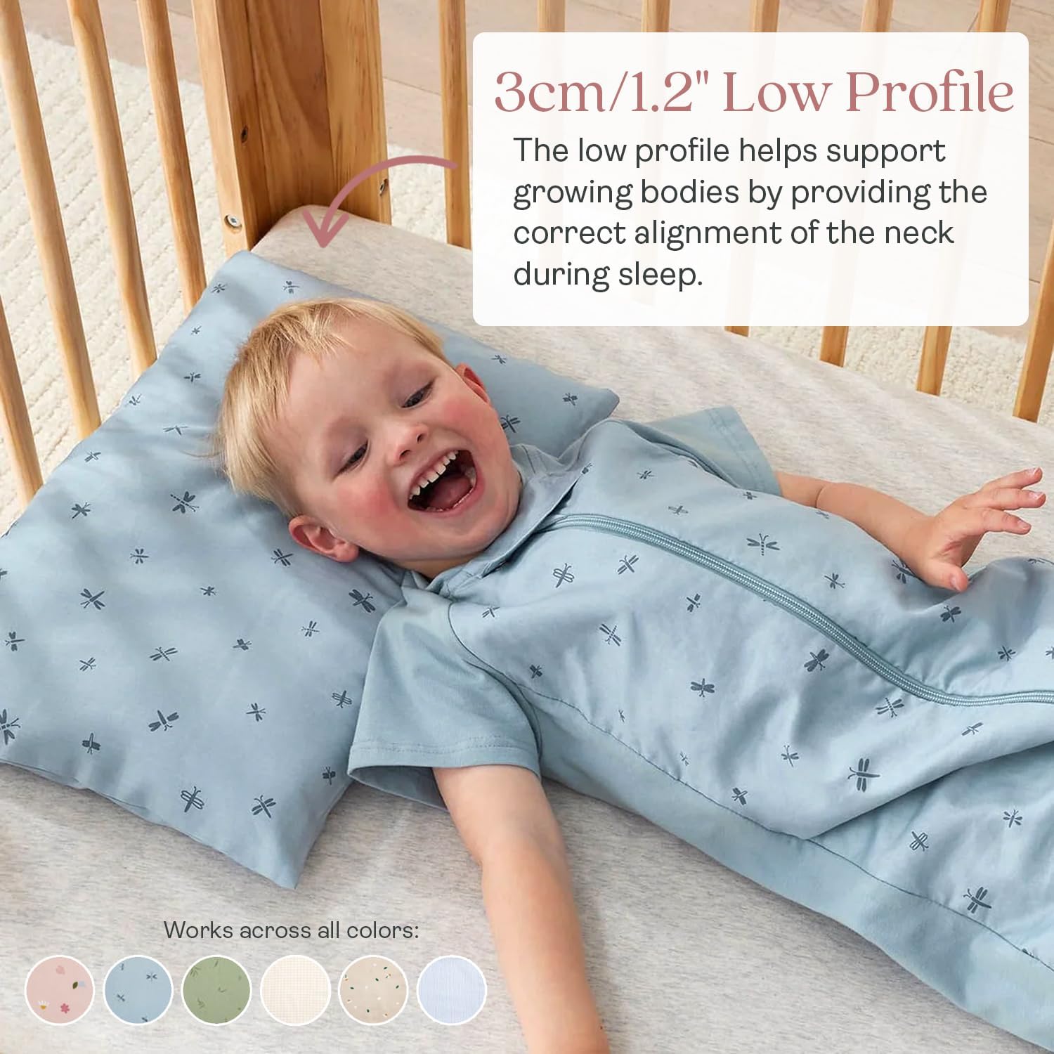 ergoPouch Organic Toddler Pillow and Cover – Low-Profile 1" Design for Proper Neck Alignment, Soft & Durable GOTS-Certified Cotton, Machine Washable, Breathable & Gentle on Skin (Dragonflies) - Image 3