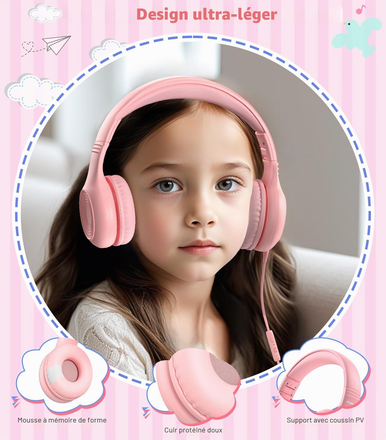 Casque filaire USB de type C pour enfants avec microphone pour garçons et filles, volume limité de 85 dB/94 dB réglable (rose)