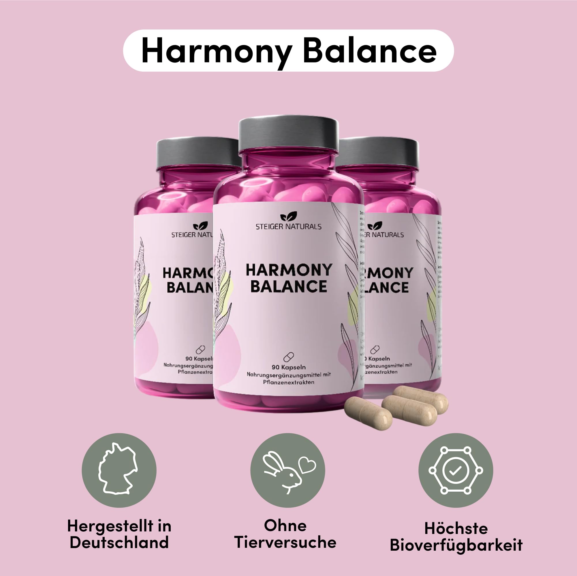 Steiger Naturals Harmony Balance – Pflanzlicher Komplex für Frauen mit 10 Pflanzenextrakten | Hormonfrei, Vegan, Laktosefrei, Glutenfrei | 90 Kapseln