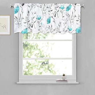 LikiyolFloral Kitchen Valance Curtains Watercolor Flower Leaves Window Valances Teal and Gray Floral Kitchen Curtains, Rod Pocket Small Window Treatment Valance for Bathroom Basement, 52 x 18 Inches