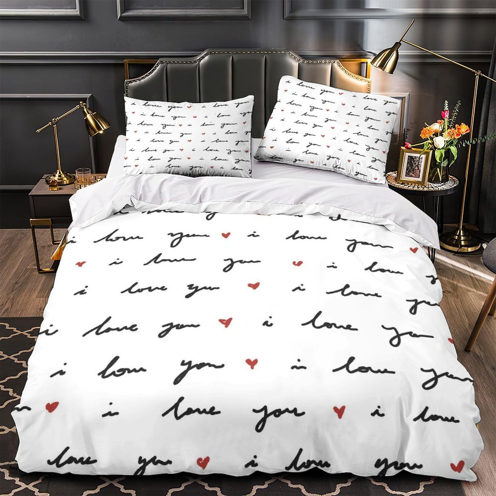 Parure de lit 3 pièces romantique cursive 220x240 cm King microfibre douillette