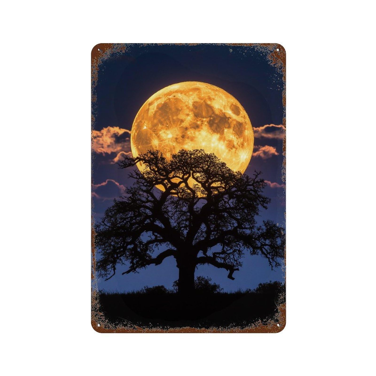 Full Moon Rising Behind Tree Silhouette Rust Effect Tin Sign 11.8"x7.9", Vintage Wall Decor for Pub, Kitchen And Man Cave Decor