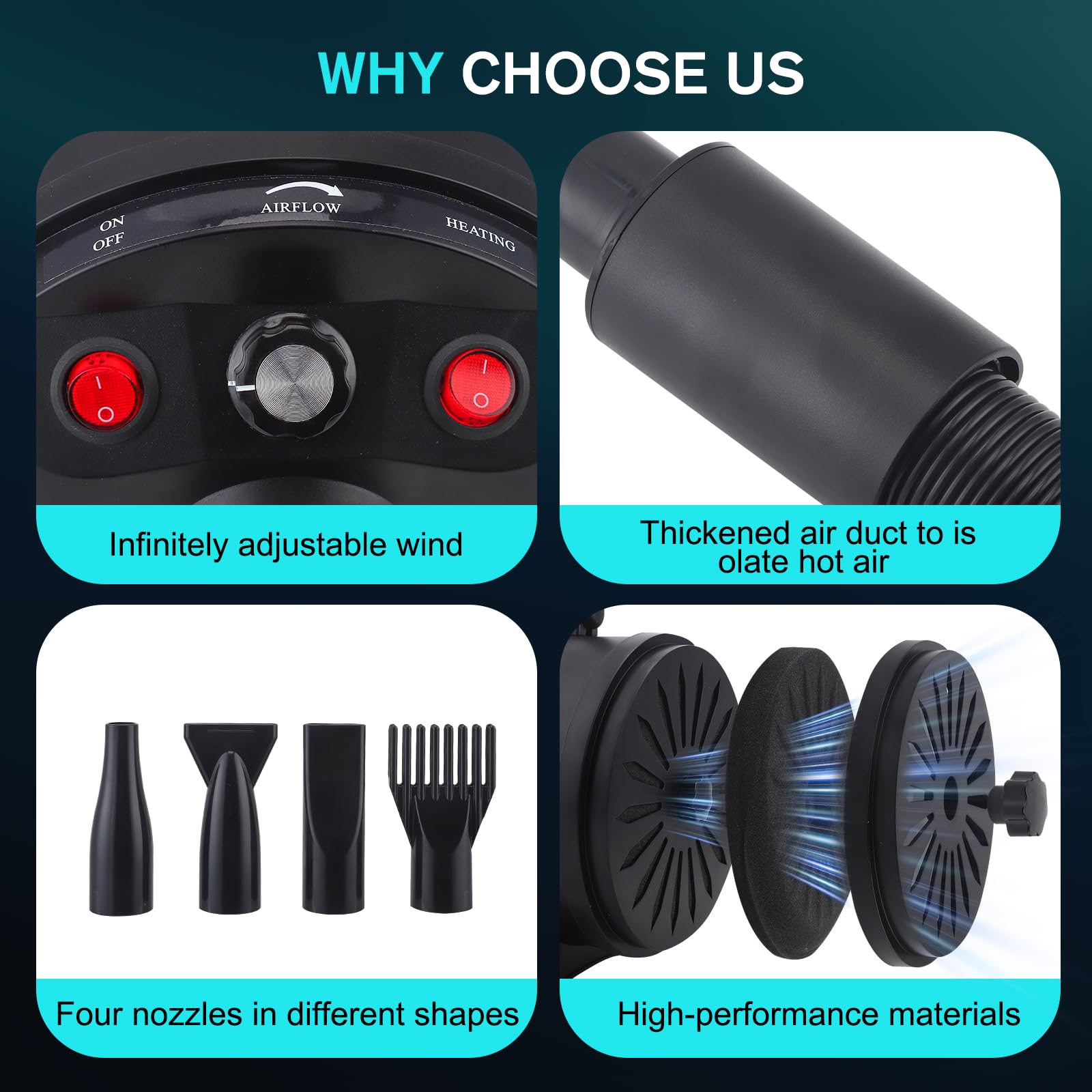 Secador de Pelo de Perro Blaster 5.2 CV / 3800 W, Profesional Secador de Pelo para Mascotas con 4 Boquillas, Velocidad y Calor Ajustables