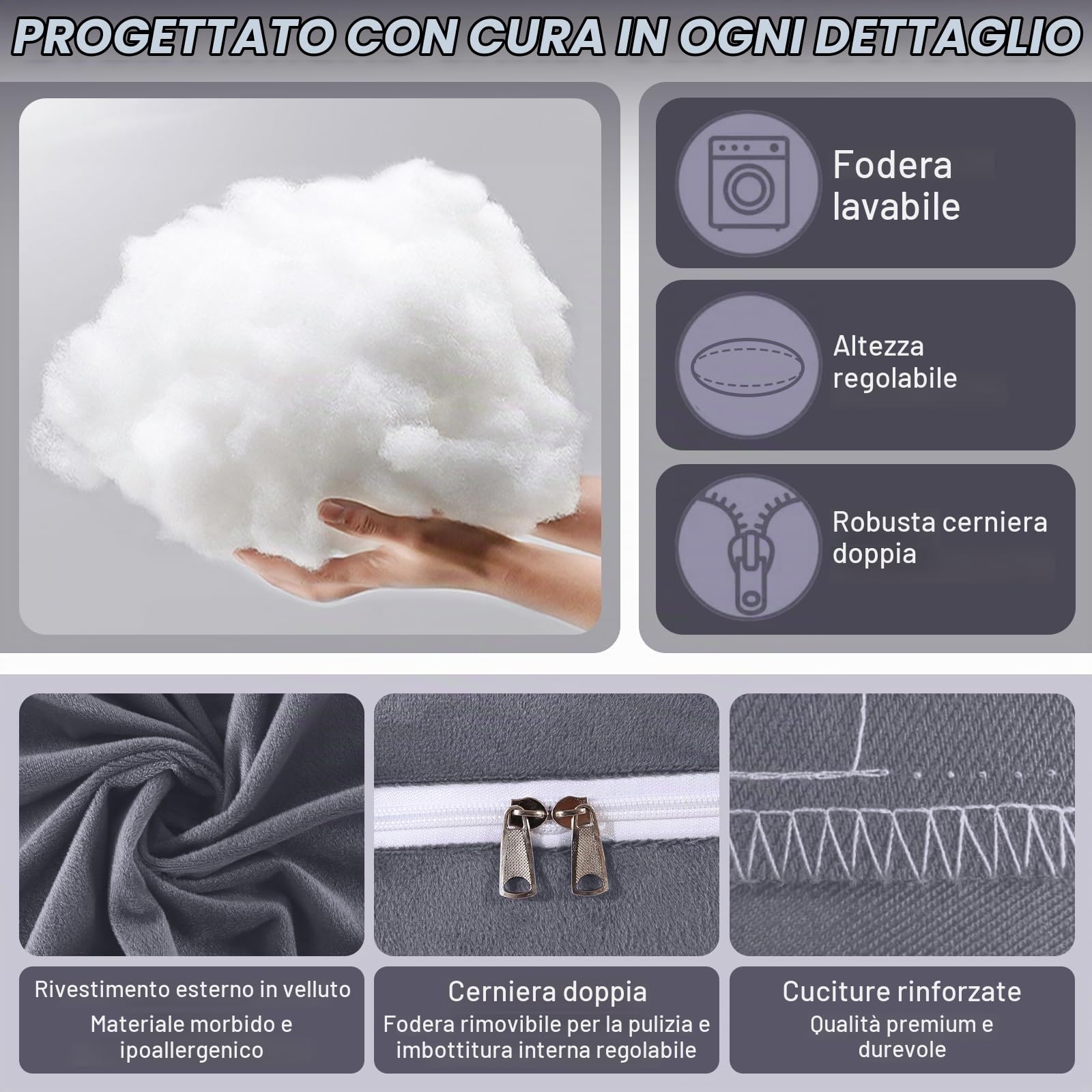 Cuscino Gravidanza - Cuscino Gravidanza per Dormire a Forma di U Supporto Maternità - Cuscino per Allattamento e Gravidanza con Federa in Velluto Sfoderabile e Lavabile - Grigio scuro