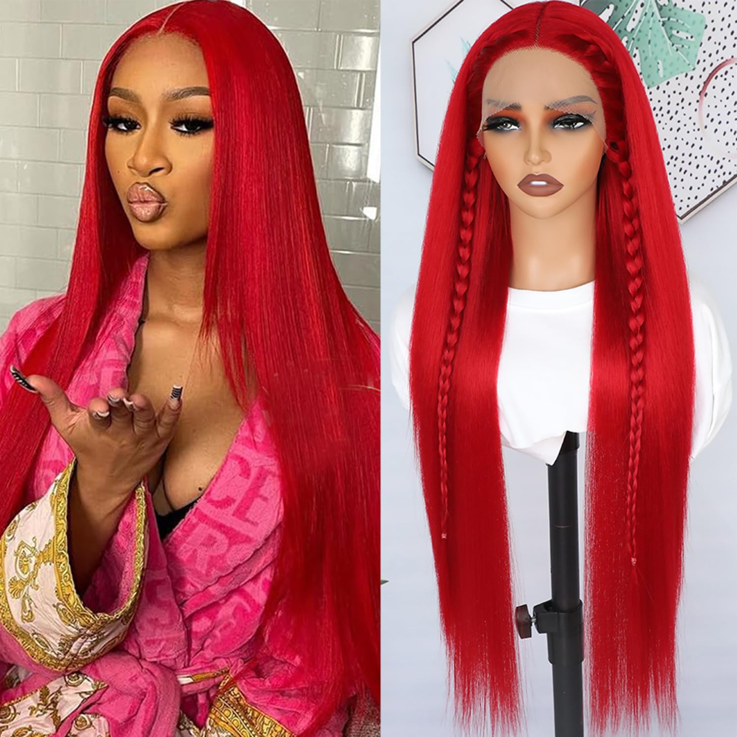 30 Inch Red Hair Lace Front Wigs Pre Plucked Long Straight Wig Glueless Red Colored Wigs Heat Resistant Synthetic Lace Front Wigs for Black Women