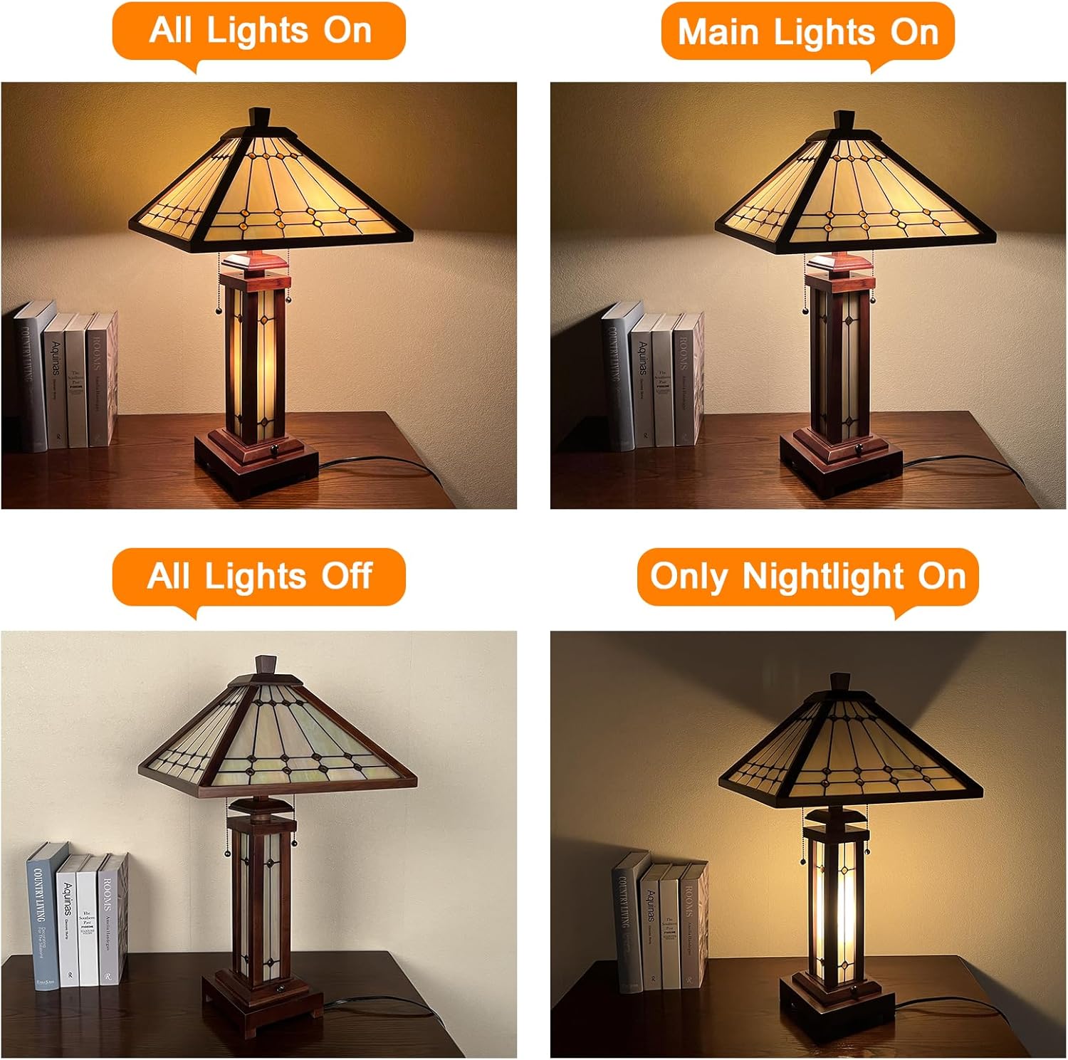 Capulina Tiffany Lamp Stained Glass Table Lamp 3-Light 15X15X26 Inches Wooden Base Mission Cream Crytal Tiffany Style Desk Lamp with Night Light Decor for Living Room Bedroom Home Office