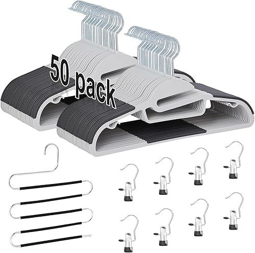 VECELO Paquete de 50 perchas de plástico de alta calidad para trajes, antideslizantes, resistentes, apertura en forma de S, gancho giratorio de 360,
