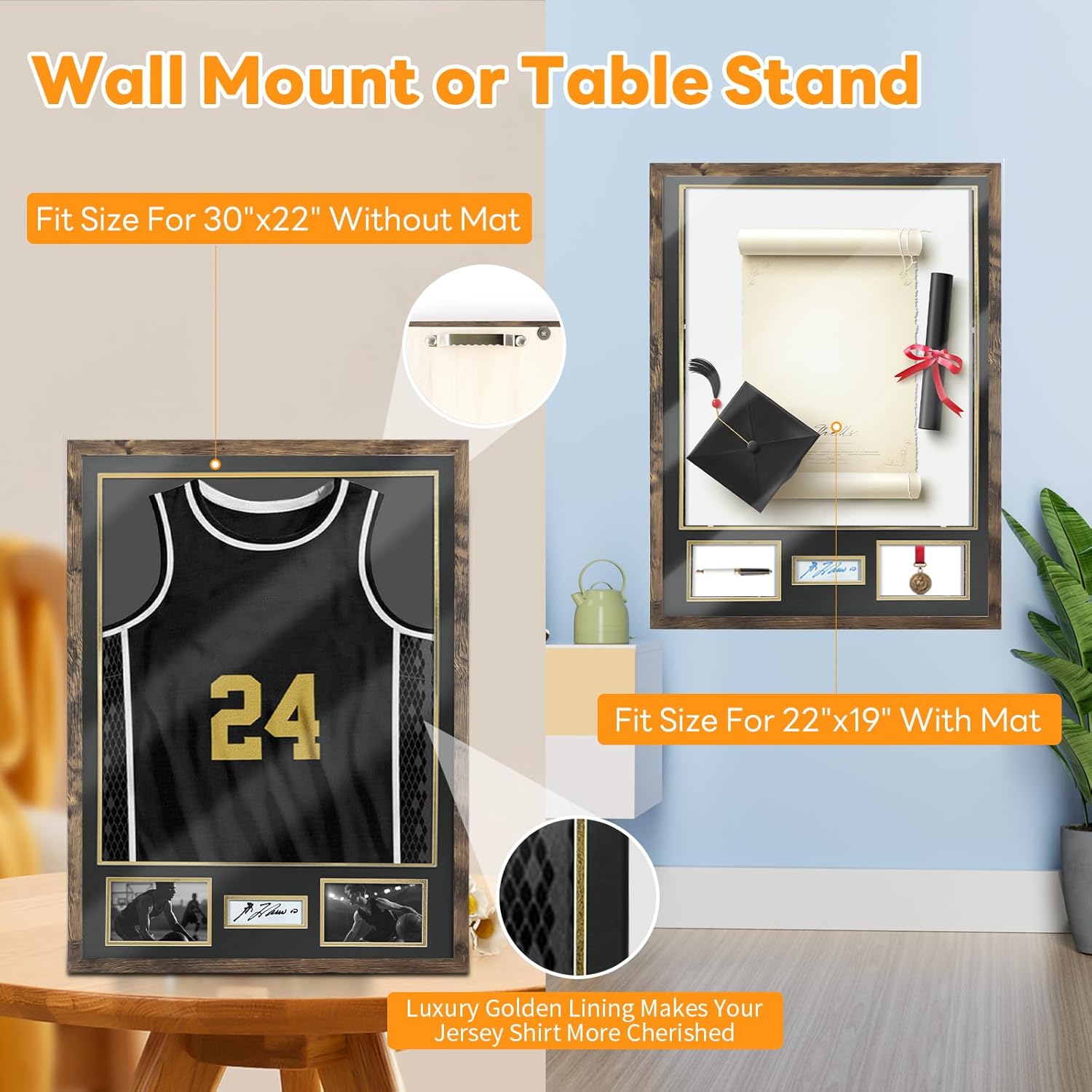 ASmileIndeep Jersey Frame Display Case, Large Shadow Box with 98% UV Protection Acrylic, Two Photo Frame One Signature Jersey Frame for Baseball Basketball Hockey Uniform, Vintage