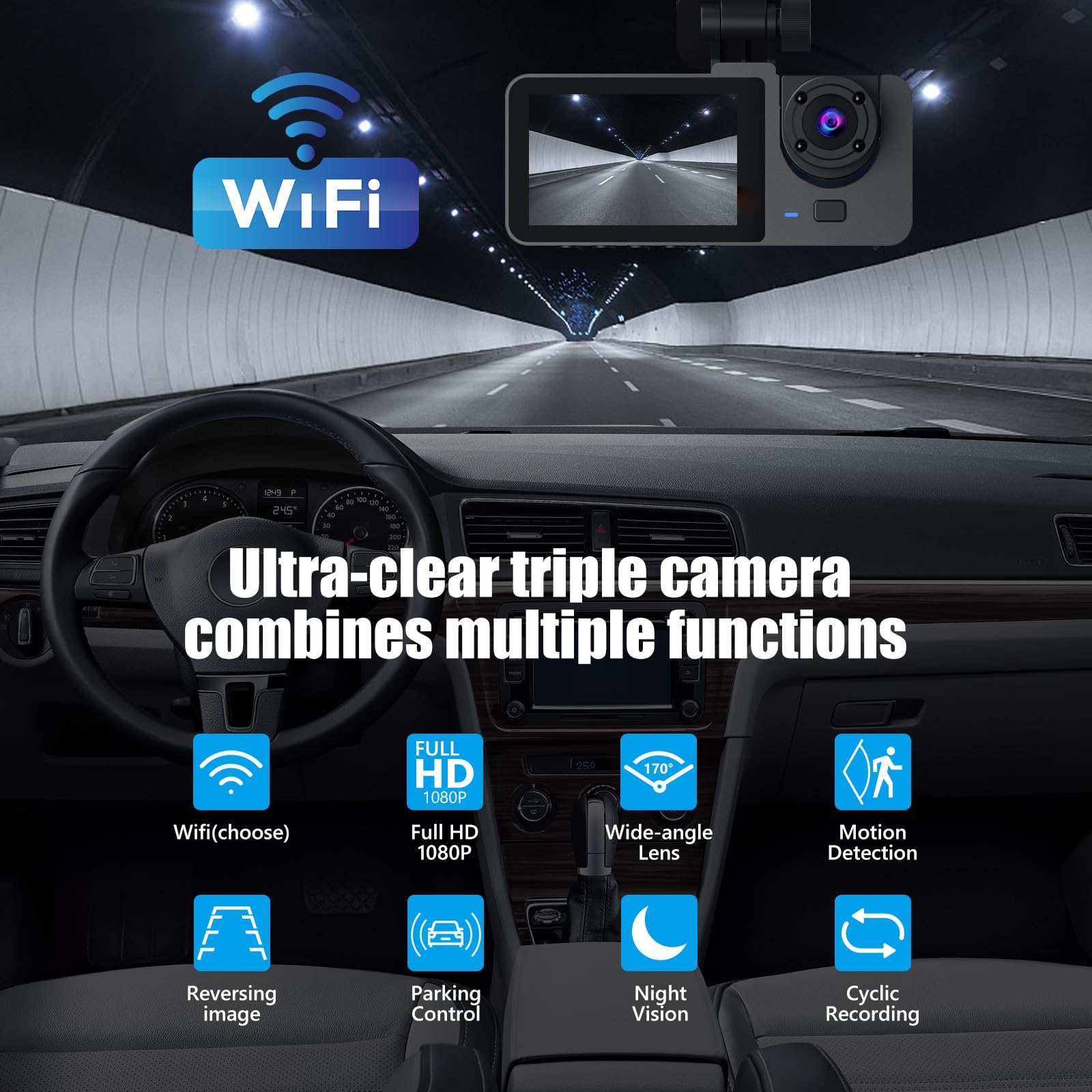 1080P Dashcam Voiture Avant Arrière Intérieur, avec Carte SD 32GB, Caméra de Voiture avec Surveillance de Stationnement, Détection de Mouvement, 170° Grand Angle 3 Canaux 24H (Version WiFi)