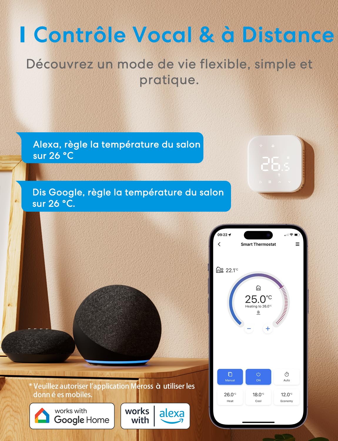 Meross Thermostat Connecté Alexa pour Chaudière Gaz/Chauffage au Sol à Eau | Encastrable, Compatible avec Alexa et Google Home, Commande Vocale et Contrôle à Distance, Blanc