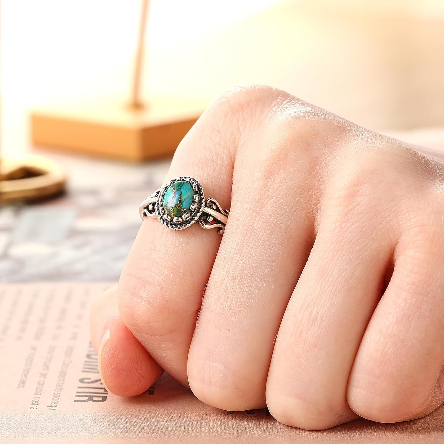 Turquoise Rings for Women, Adjustable Silver Statement Rings with Bezel Setting Teal Turquoise/Opal/Moonstone Vintage Stacking Ring for Women Birthday Anniversary Jewelry Gift Size 6-9 - Image 3