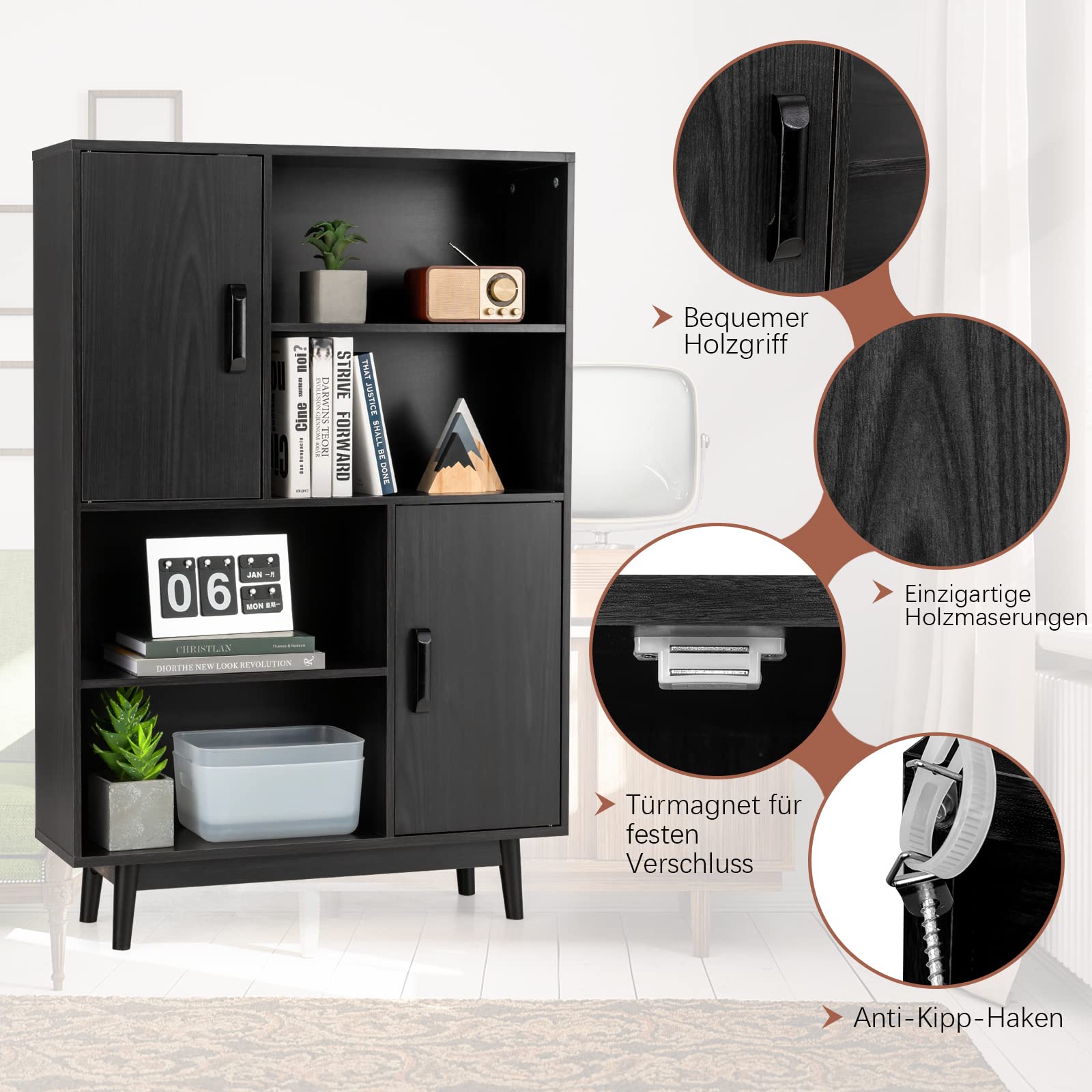 COSTWAY Bücherschrank mit 2 Türen und 4 offenen Regalen, Bücherregal Holz, Standregal, Holzregal, Aufbewahrungsregal für Wohnzimmer, Arbeitszimmer, Küche, 80 x 24 x 120 cm (Schwarz)