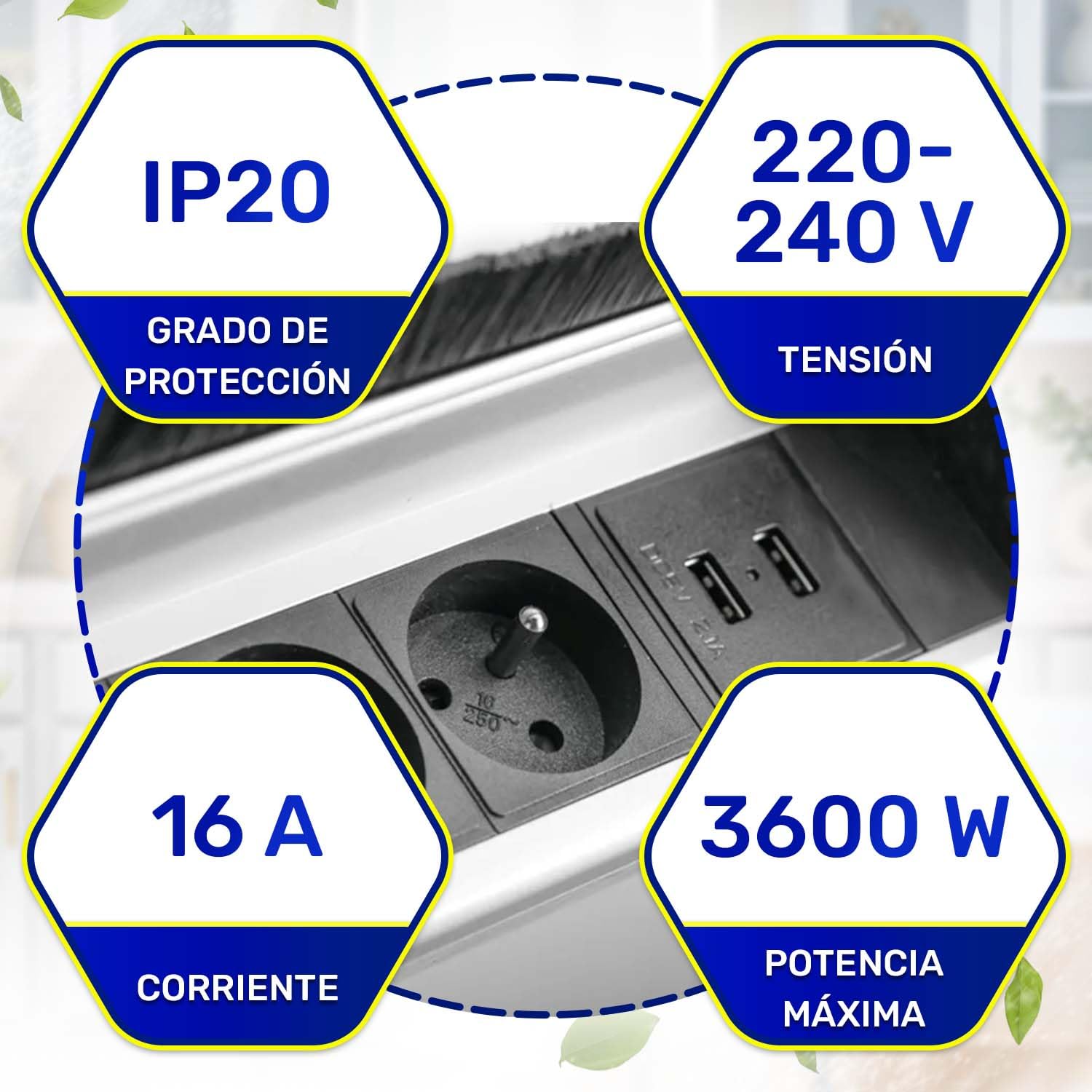 Enchufe Empotrable Mesa 291x158 mm con Cable Alimentación de 1,5 m - Regleta Empotrable 3 x Schuko y 2 x USB 5V/2,1A - Garantía de 10 Años - MONTERAL