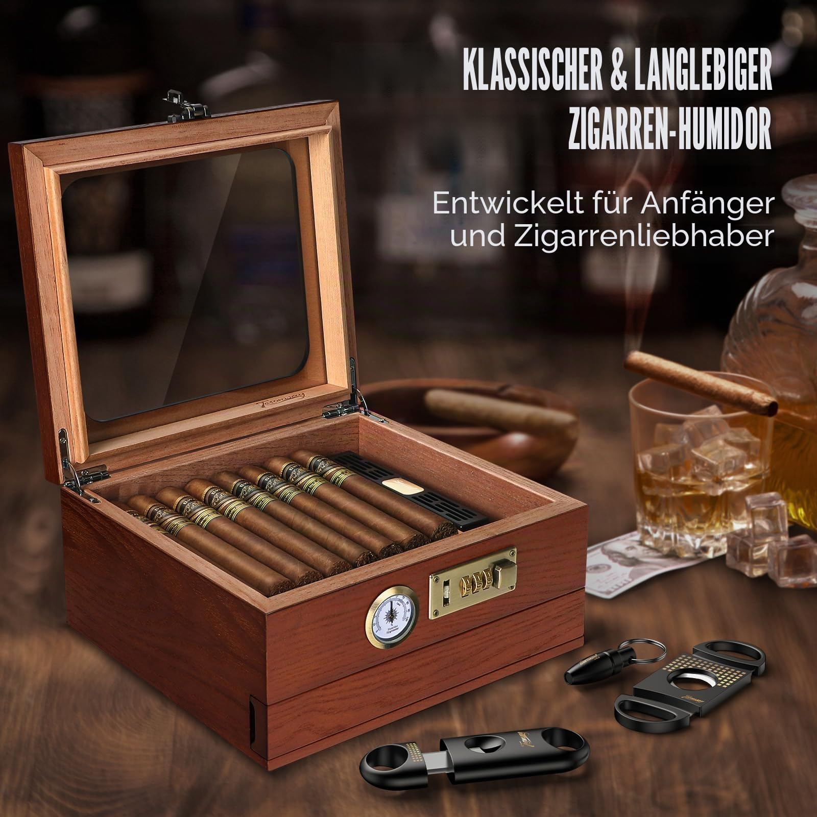 Tesonway Zigarren-Humidor, Zedernholz Humidor Zigarrenbox, Glasplatte Desktop Humidor mit Front-Hygrometer, Luftbefeuchter, Trennwand, Zubehörschublade und Zahlenschloss, Hält 20-35 Zigarren (Braun)
