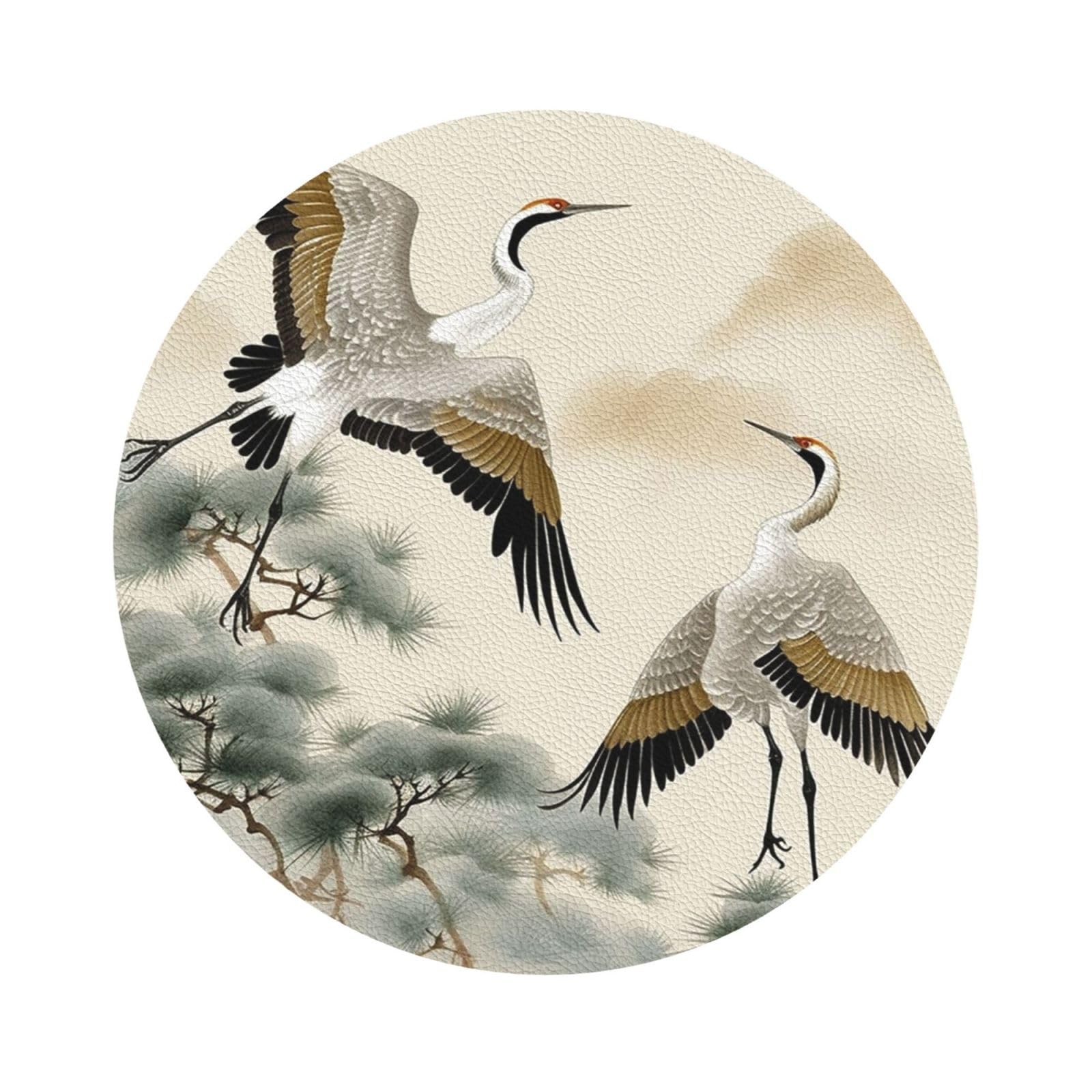 Two Japanese Cranes Flying Traditional Painting Beverage Coasters Leather Coasters Set Of 6 For Coffee Table Housewarming Gift Kitchen Bar Office Decoration