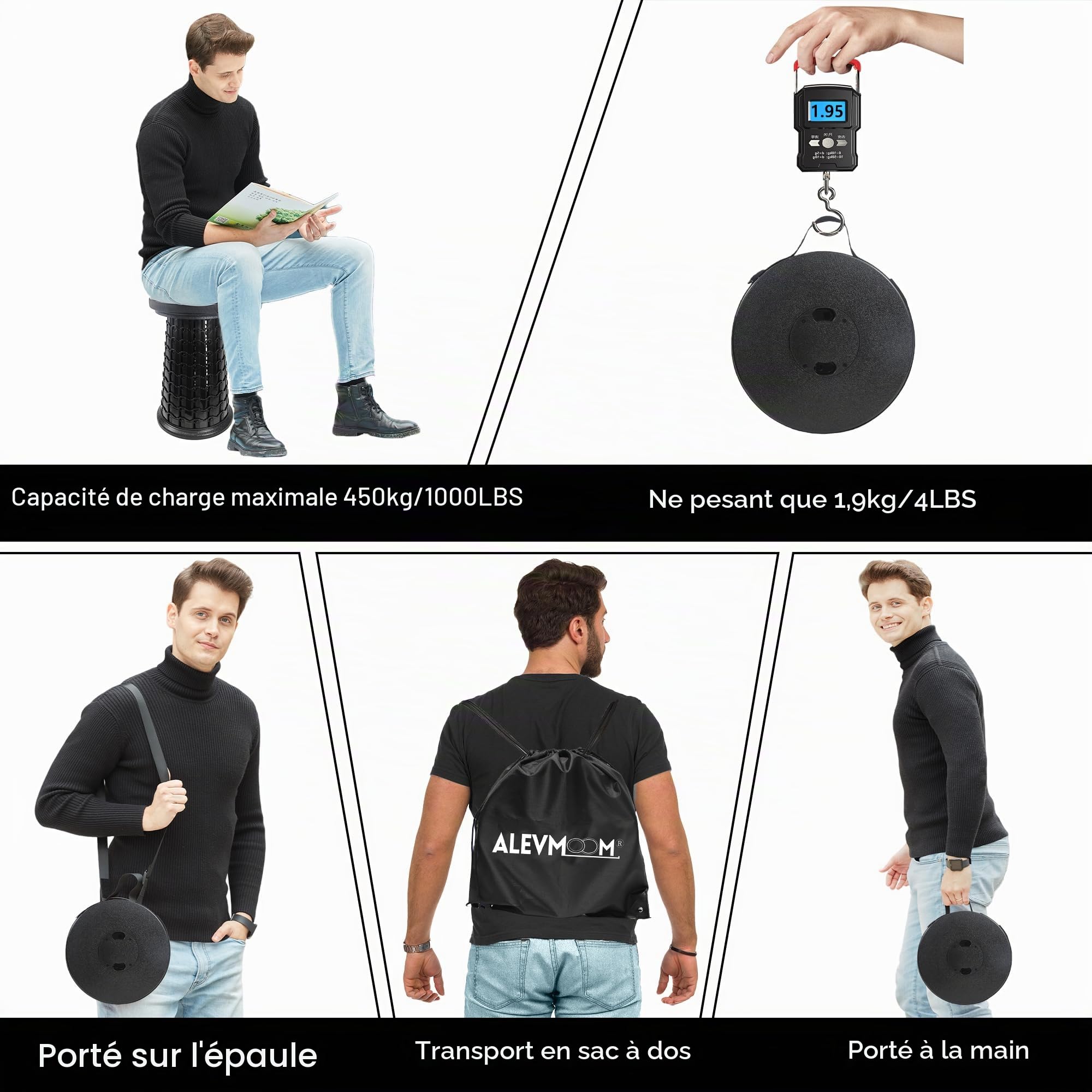 ALEVMOOM Tabouret télescopique Portable avec Coussin épais - Charge maximale : 450 kg - Tabouret Pliable pour l'extérieur, Le Camping, la pêche, la randonnée, Les Voyages