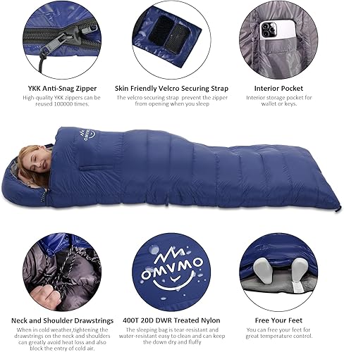 Miniatura 2 de Saco de dormir de plumón de 0 a 20 grados F para adultos, sobre de 4 estaciones con agujeros para los brazos, portátil para mochileros y