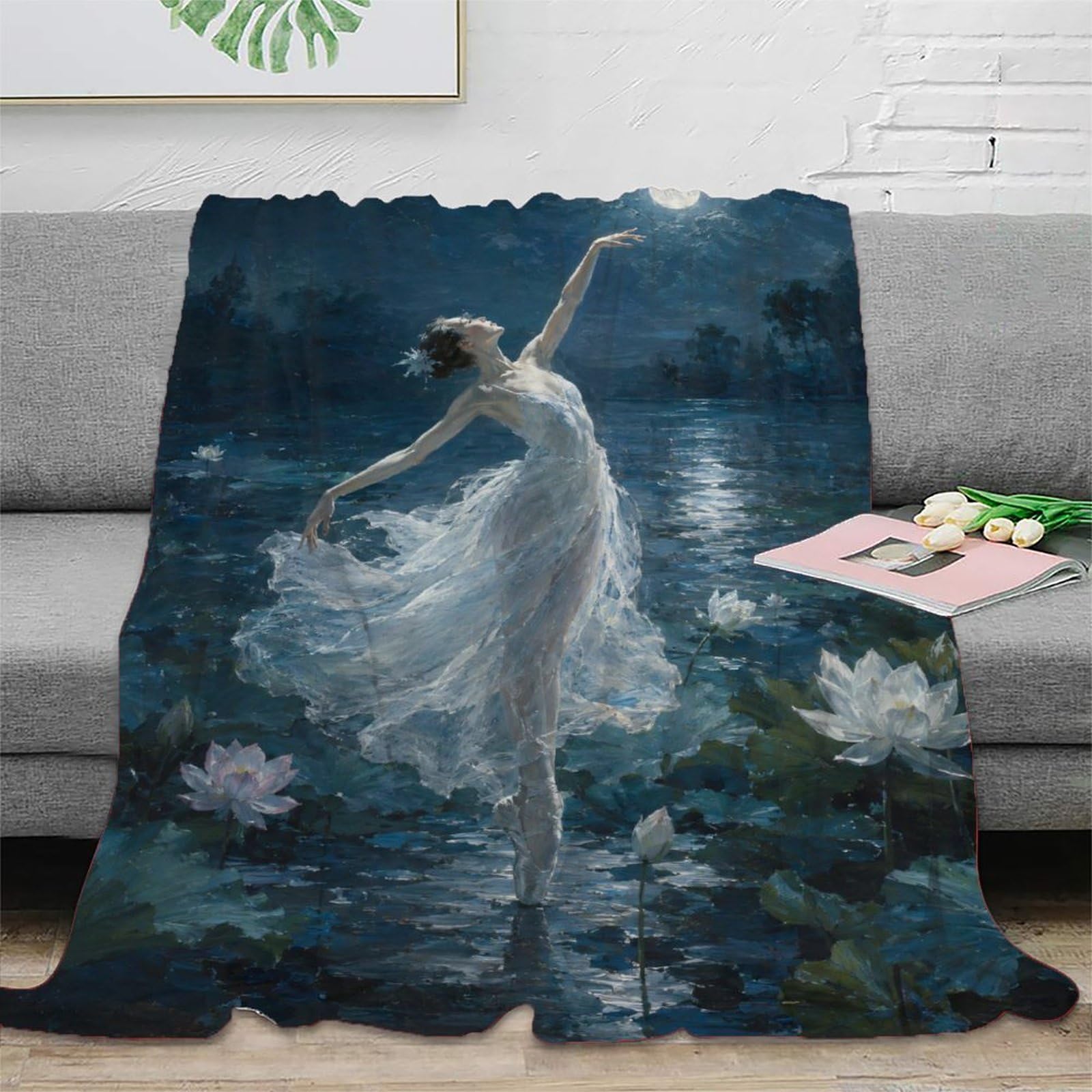 W7C8U2X3 Ballerina Lotus Moon Blanket, Flannel, Camping, Textured Oil Style