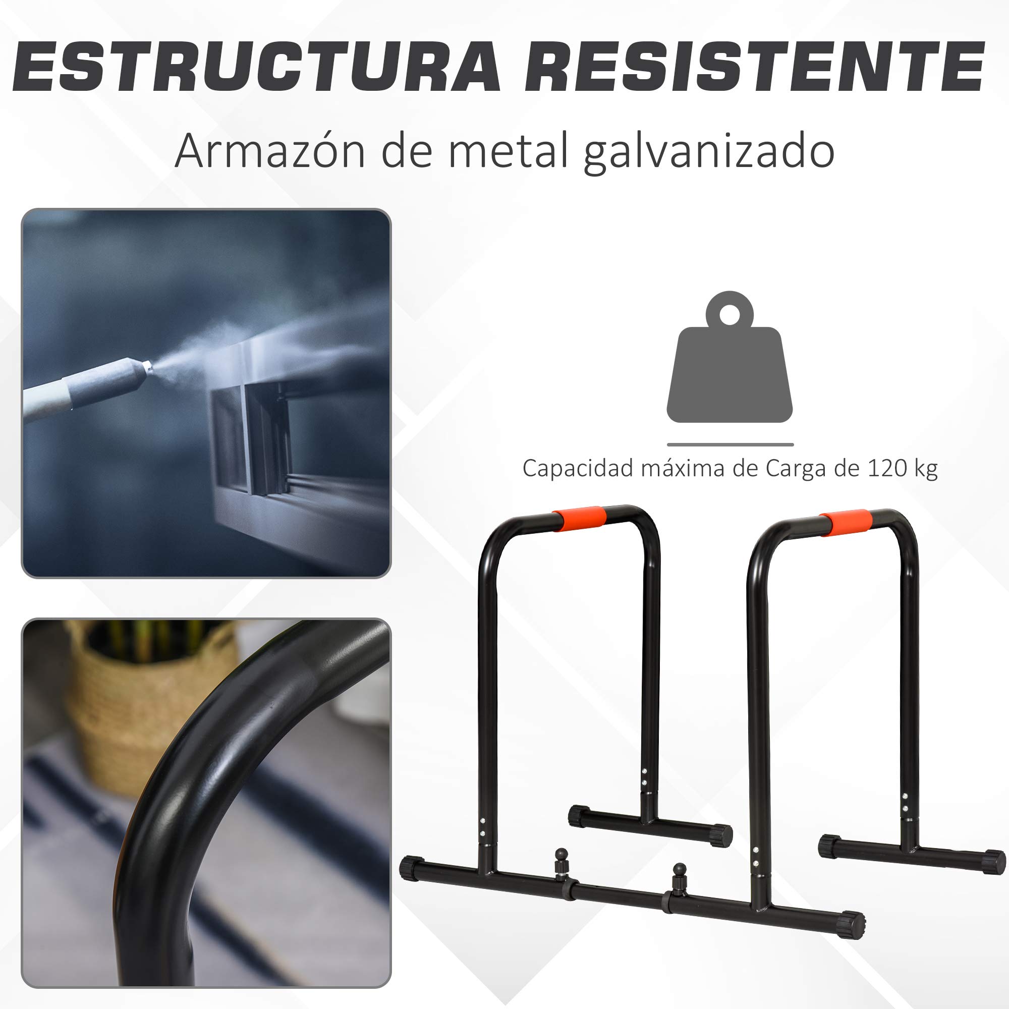 HOMCOM Barras Paralelas Ancho Ajustable Dip Station para Calistenia y Entrenamiento Gimnasio con Asas Antideslizantes de Acero 94-102x62x73 cm Negro