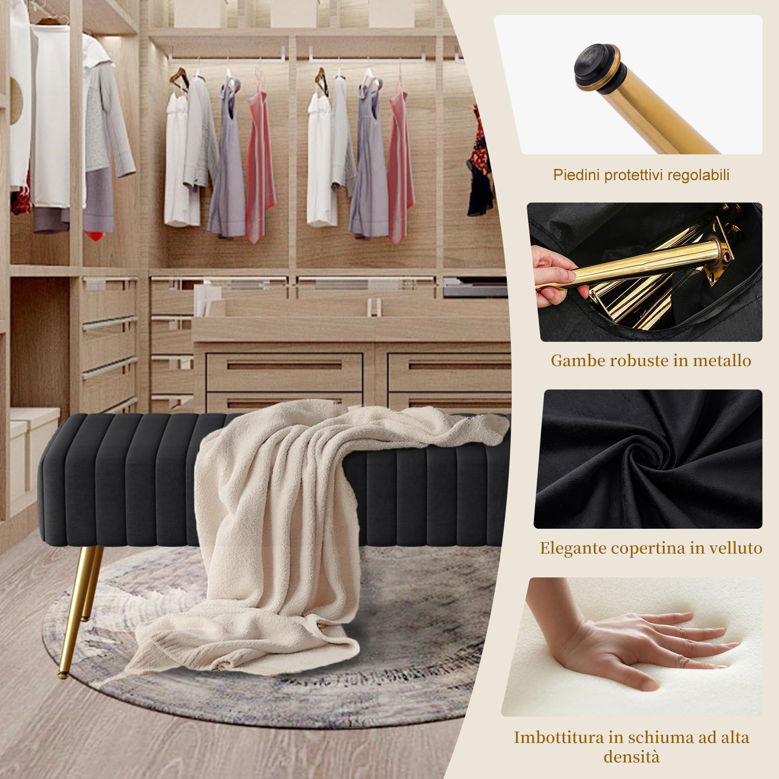 Panca Fondo Letto, Panca Imbottita da Ingresso 113.5x36.5x43cm, Sgabello per Scarpe in Velluto Poggiapiedi Cassapanca con Gambe in Metallo per Camera da Letto Ingresso Corridoio Soggiorno, Nero