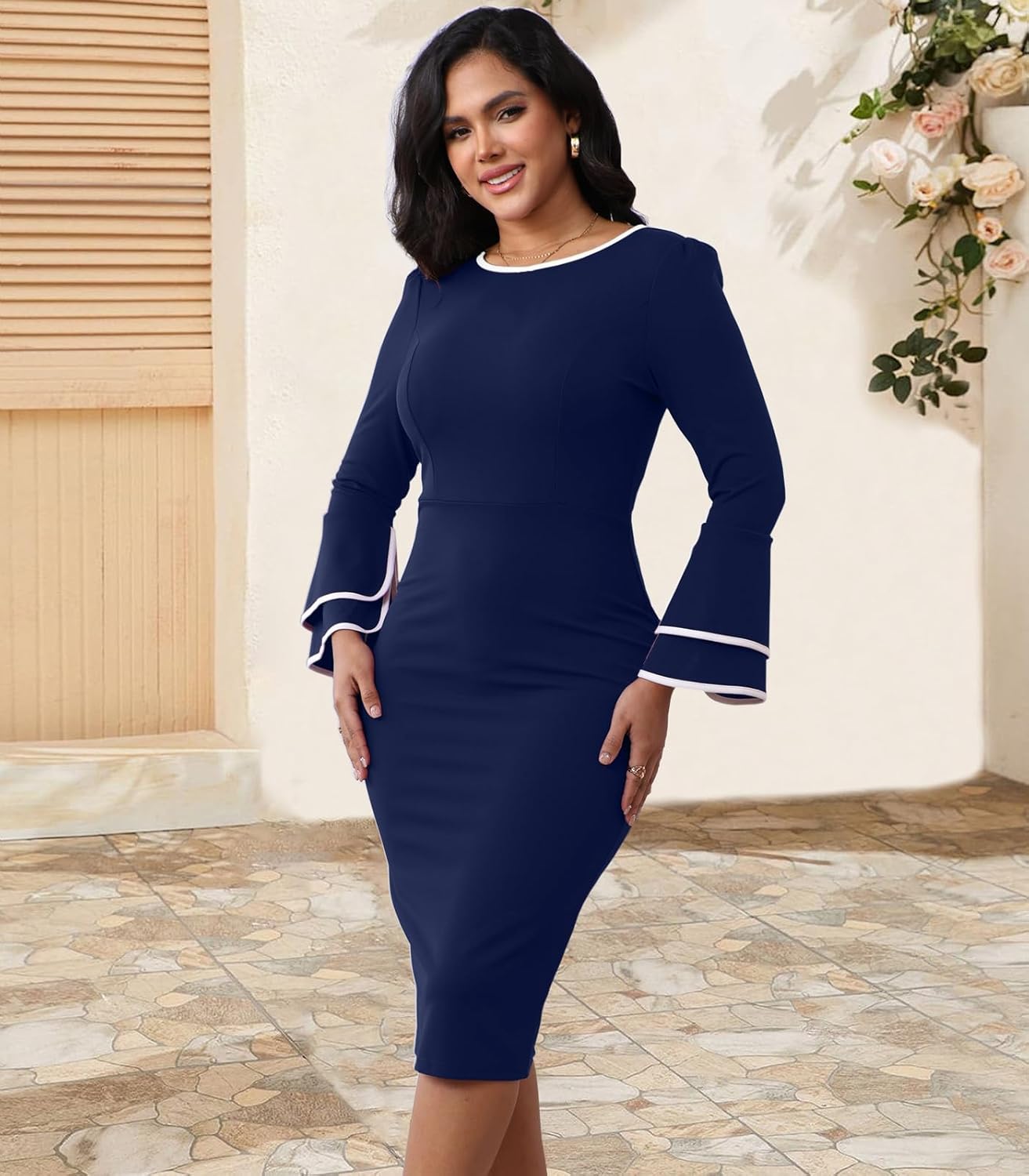 Church Dress for Women Flared Sleeve Midi Pencil Dress Elegant Teacher Office Business Wear to Work Dresses - Image 3