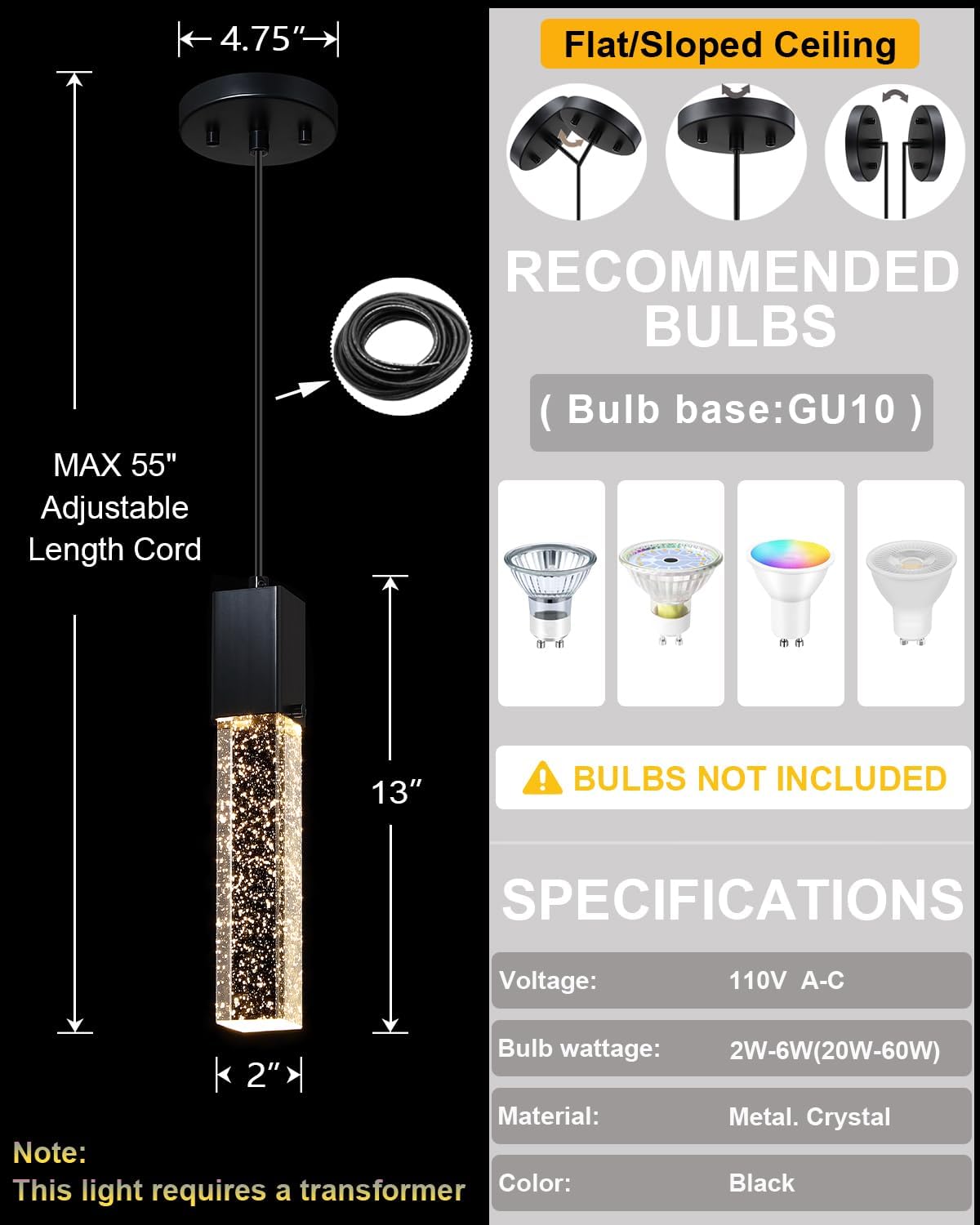 Mini Integrated Hanging Crystal Kitchen Island Modern Concise Pendant Ceiling Light Fixture,for Kitchen Island Dining Room Bedroom Hallway,UL Listed (Black, 2 Pack)