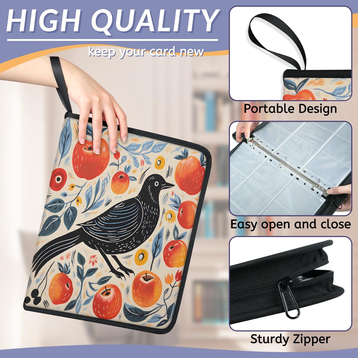 Raccoglitore per carte con 9 tasche, 900 tasche, con chiusura a cerniera (Linea Apple Crow)