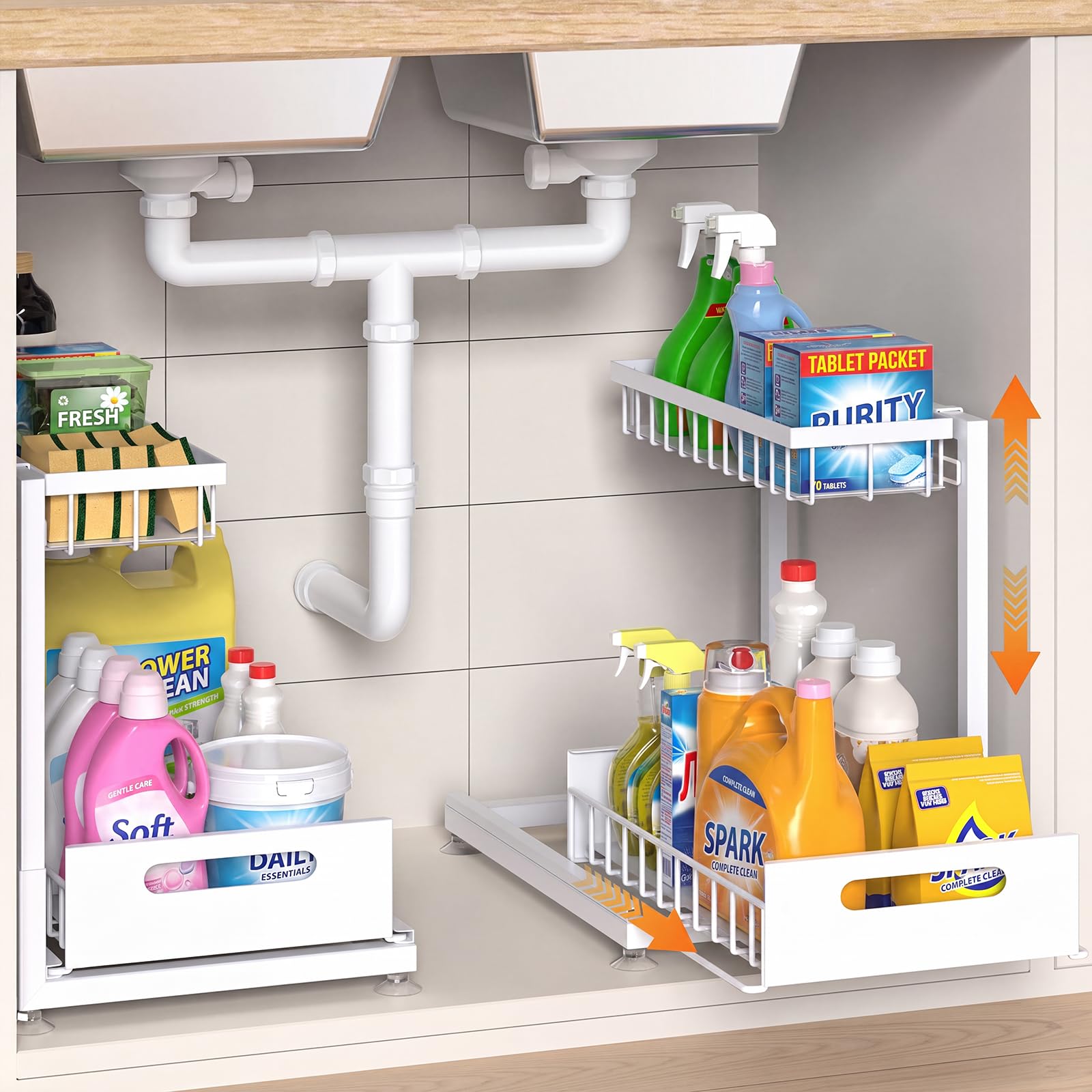 Saydear Organizador de almacenamiento para debajo del fregadero, organizador de gabinete de cocina extraíble de metal de alta calidad con cajón deslizante, altura ajustable, resistente para