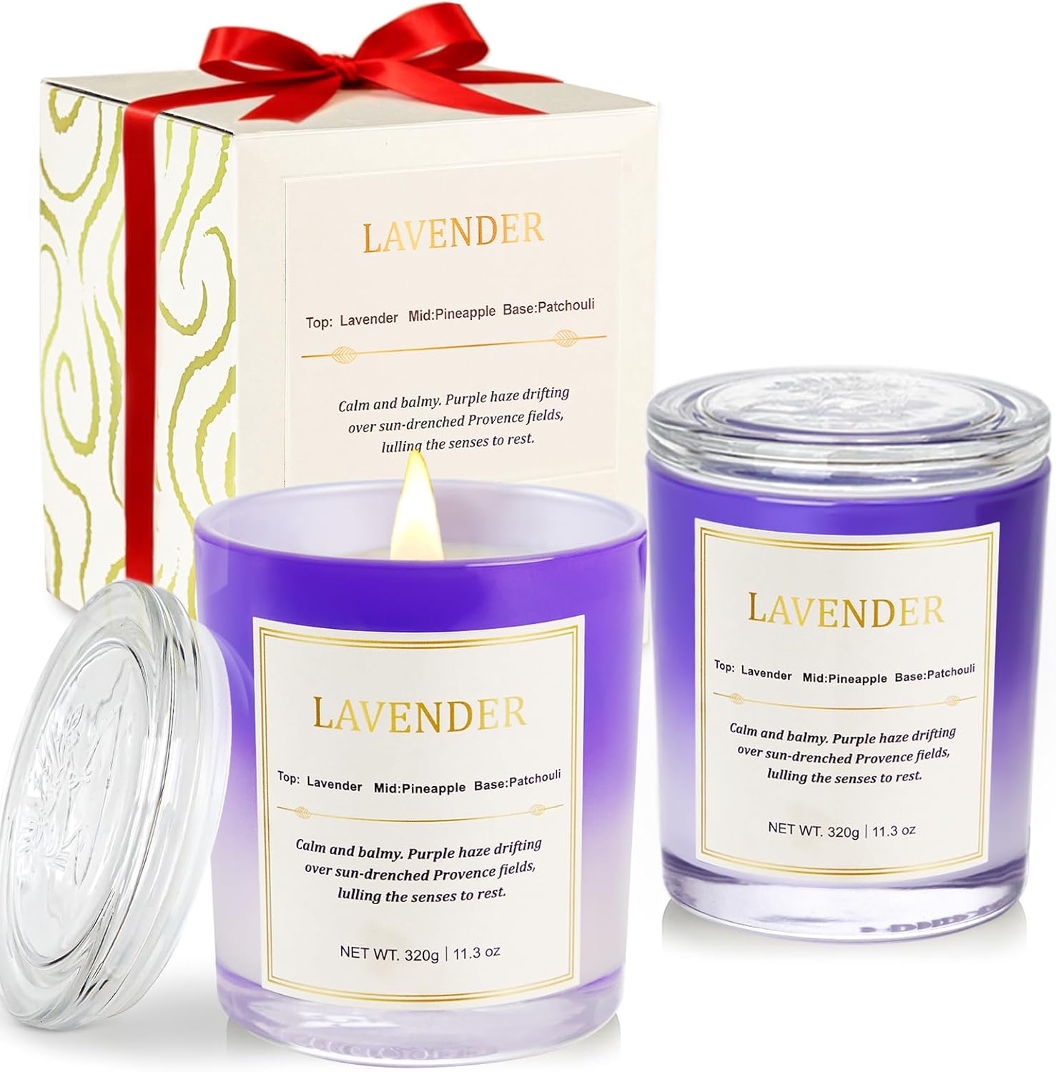 Lavender Candle Gift Set – 2 Pack Wood Wick Soy Wax Scented Candles with Gift Boxes, Long Lasting Relaxing Aromatherapy Candles for Home Decor, Holiday Gifts