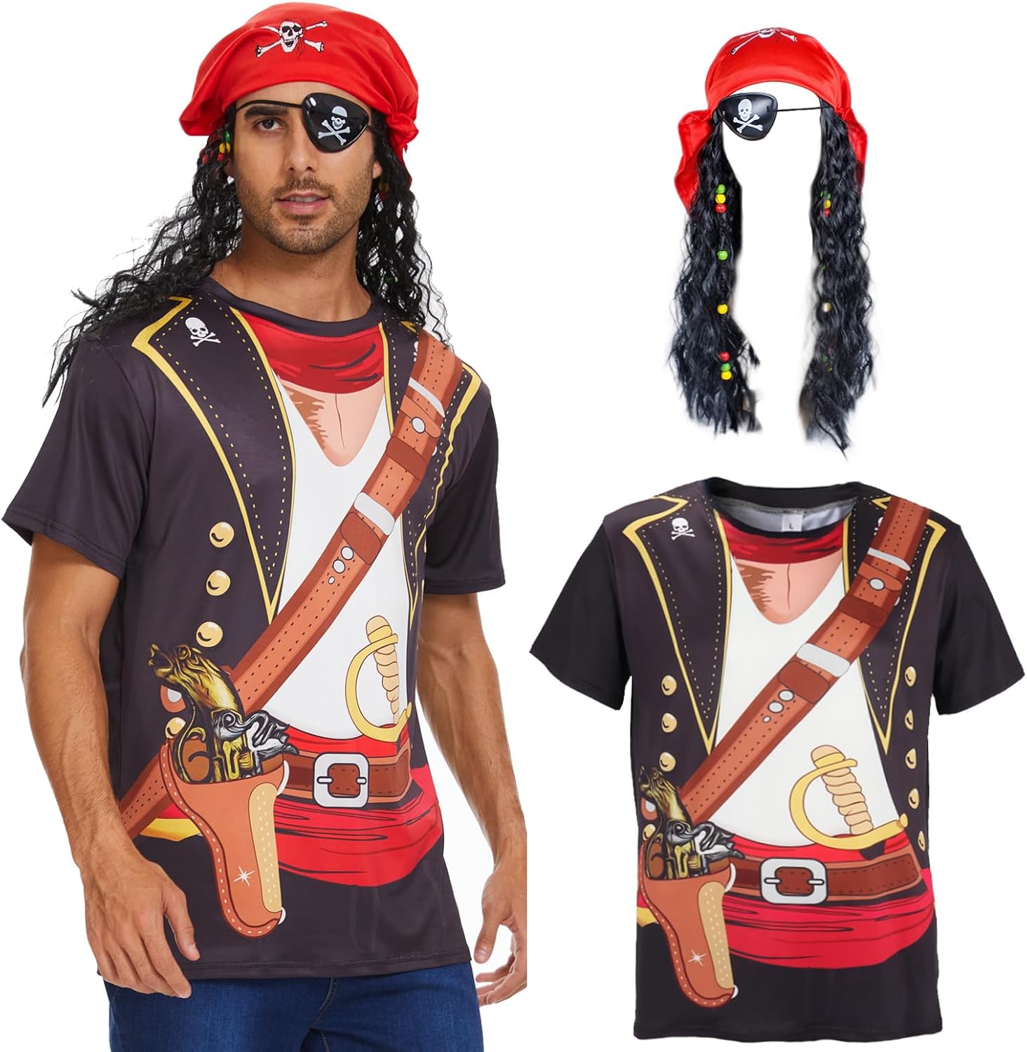 Novelty Men's Pirate Costume T-Shirts Set, 3D Caribbean Cruise Night Shirt, Wig & Eye Patches for Halloween Dress up