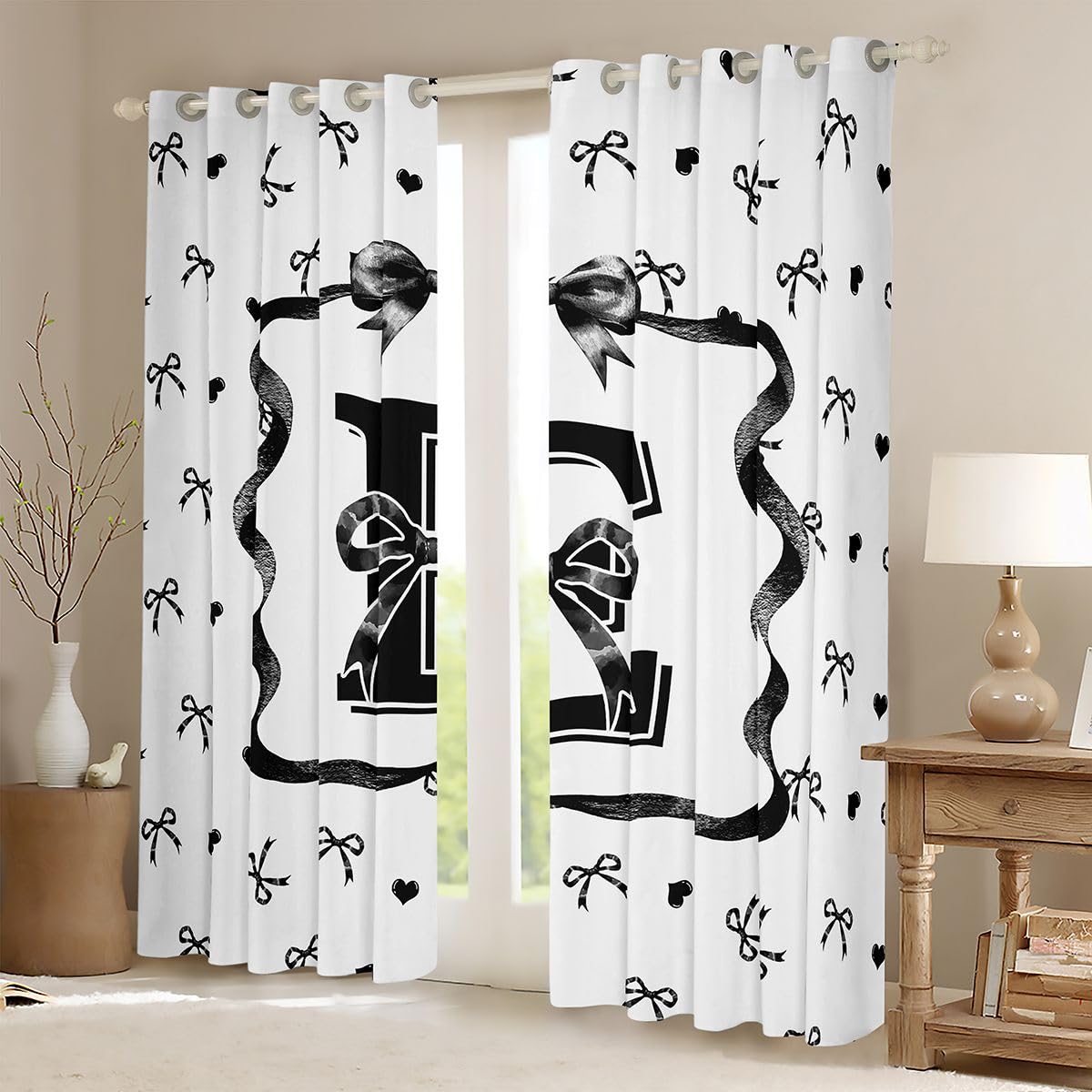 Homewish Czarno-białe zasłony okienne z kokardą, 117 x 137 cm, 2 zestawy paneli – inicjał E muszka zasłony zaciemniające, czarna wstążka, kokardki, zasłony okienne, urocza kokardka do