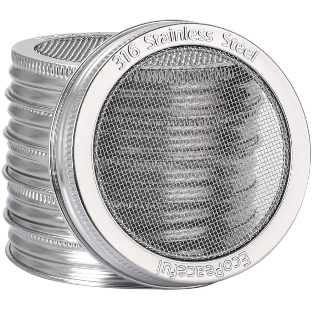 6 Pack 316 Stainless Steel Sprouting Lids for Wide Mouth Mason Jar - Strainer lids - Rust-Proof, BPA-free, (6 Pack - Wide Mouth - 3 3/8" outer ?), Gray