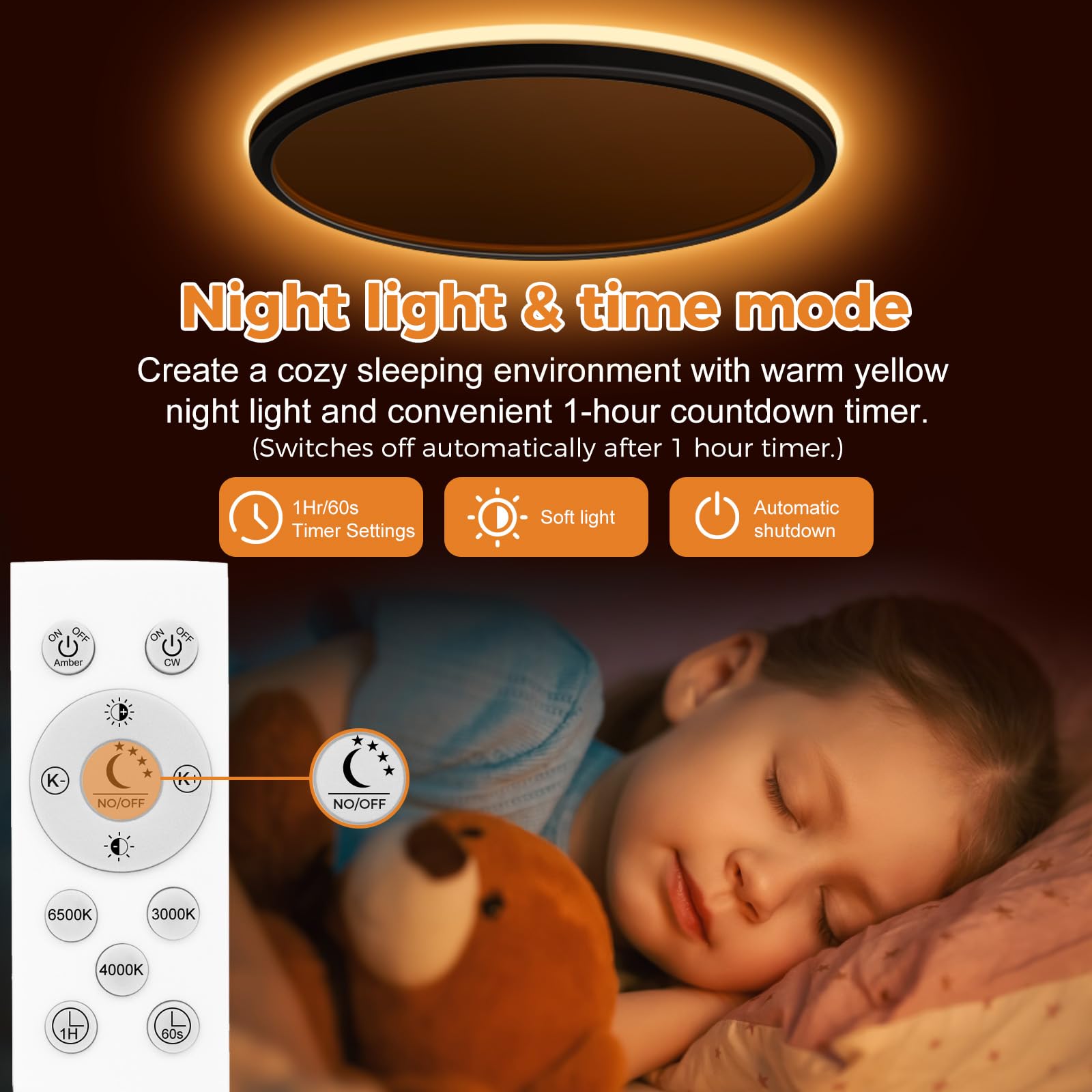 slochi 30CM Plafoniera LED Soffitto Dimmerabile, 24W 2800LM Lampada led soffitto con Telecomando, Luce Notturna 1800k, 3000-6500K che cambia colore Per Soggiorno Camerette letto Cucina Bagno, Nero