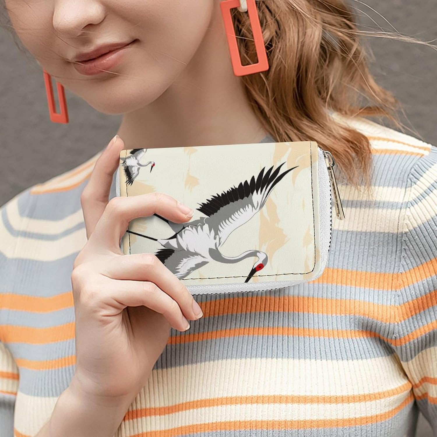 Leather Card Organizer Case Card Wallet Credit Card Holder Japanese Crane Printed Zipper Card Cases Holder for Women Men