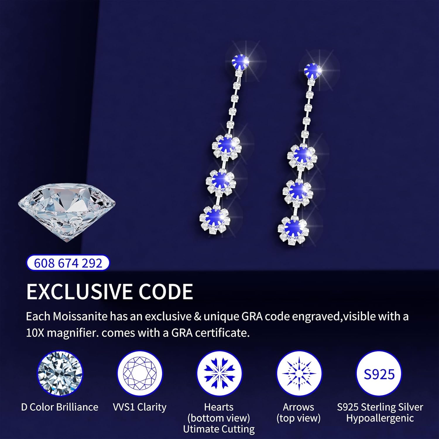 Moissanite Dangle Earrings for Women ,- Sterling Silver Plated with Shiny Moissanite, 3 Stunning Colors Available,anniversary or wedding necklace for your wife, elegant gift for your loved one, birthday or Christmas jewelry(blue) - Image 5
