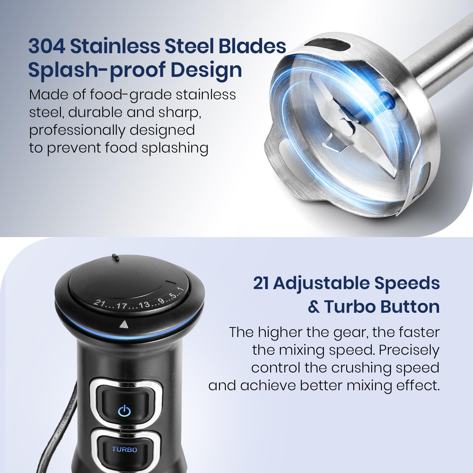 1500W Frullatore a Immersione, Kolohoso 4 in 1 Minipimer in Acciaio Inox, Multifunzione Mixer Immersione 21 Velocità Regolabili, Frullatore con Frusta, 800ml Misurino un 600ml Tritatutto, senza BPA