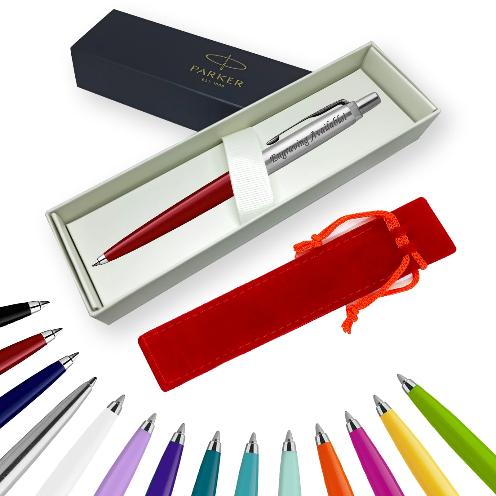 Parker Jotter Ballpoint Pen Handwriting Pens & Stationery Supplies - Ideal for Christmas and Gifts Can be Engraved! (With Engraving, Red, Ribbon Gift Box)