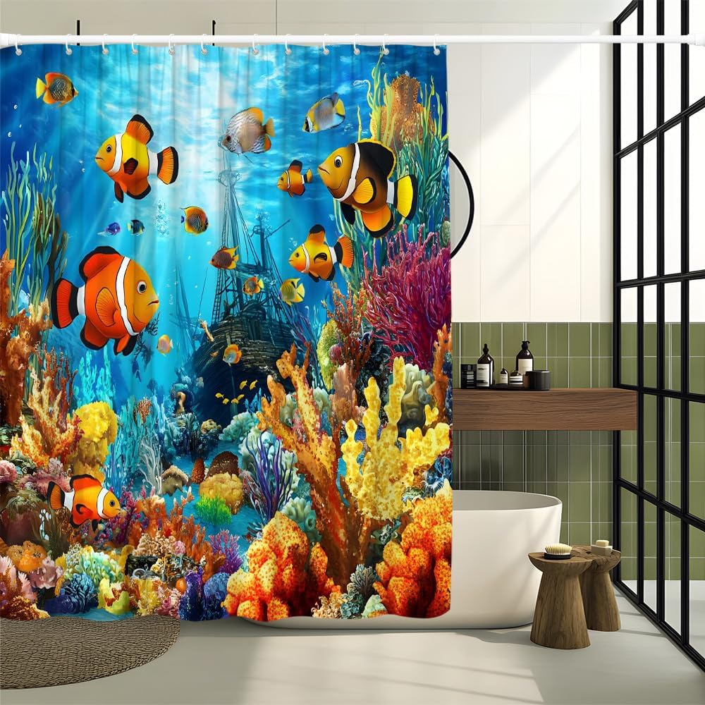 Ocean Underwater World Shower Curtain Colorful Fish Shower Curtain Sea Tropical Fishes Turtle Coral in The Deep Sea Blue Ocean Polyester Fabric Bathroom Decorative Curtain (90" Wx70 L)