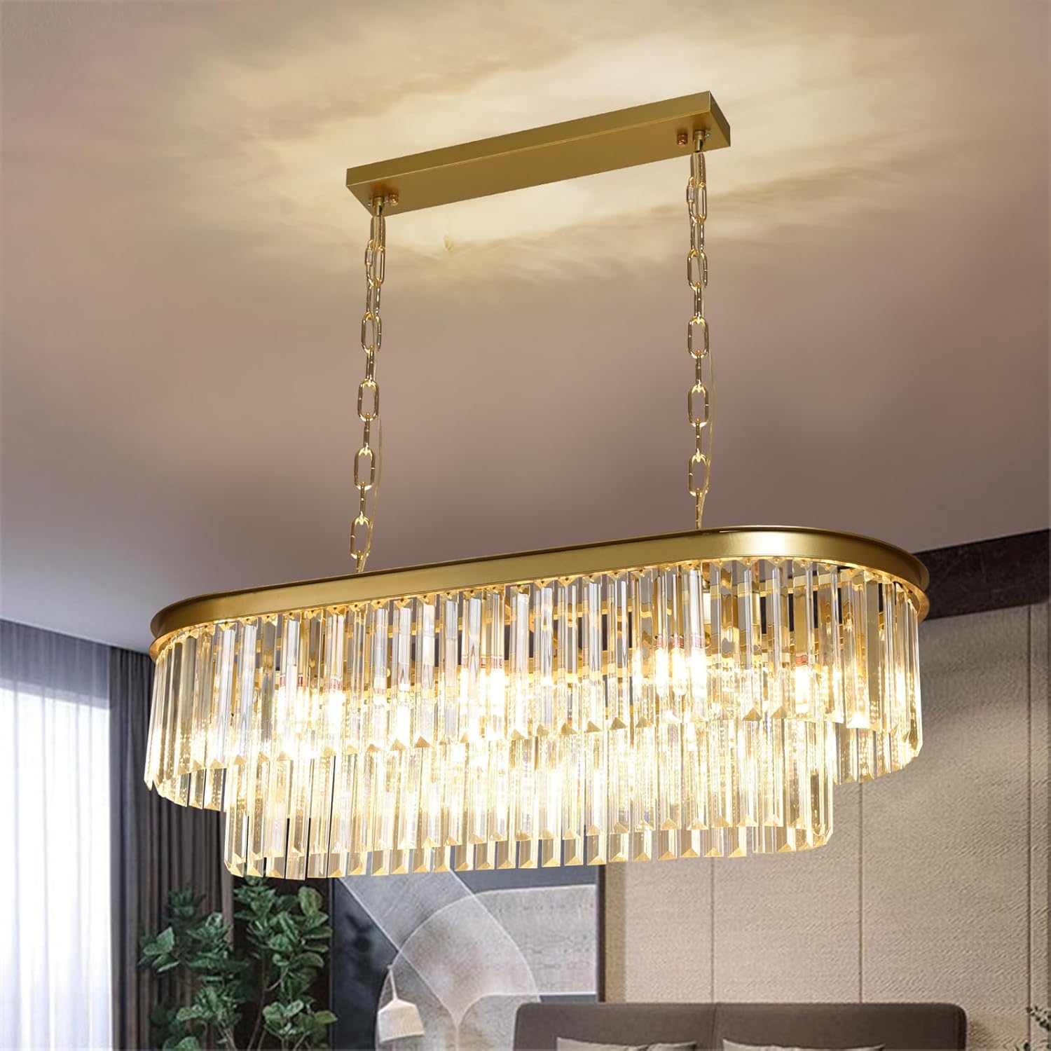 31.5 Inch Large Gold Crystal Chandelier, 8-Light Linear Modern Crystal Chandelier, Luxury Rectangle Crystal Chandelier for Dining Room, Oval K9 Crystal Kitchen Island Lighting Fixture L-31.5''