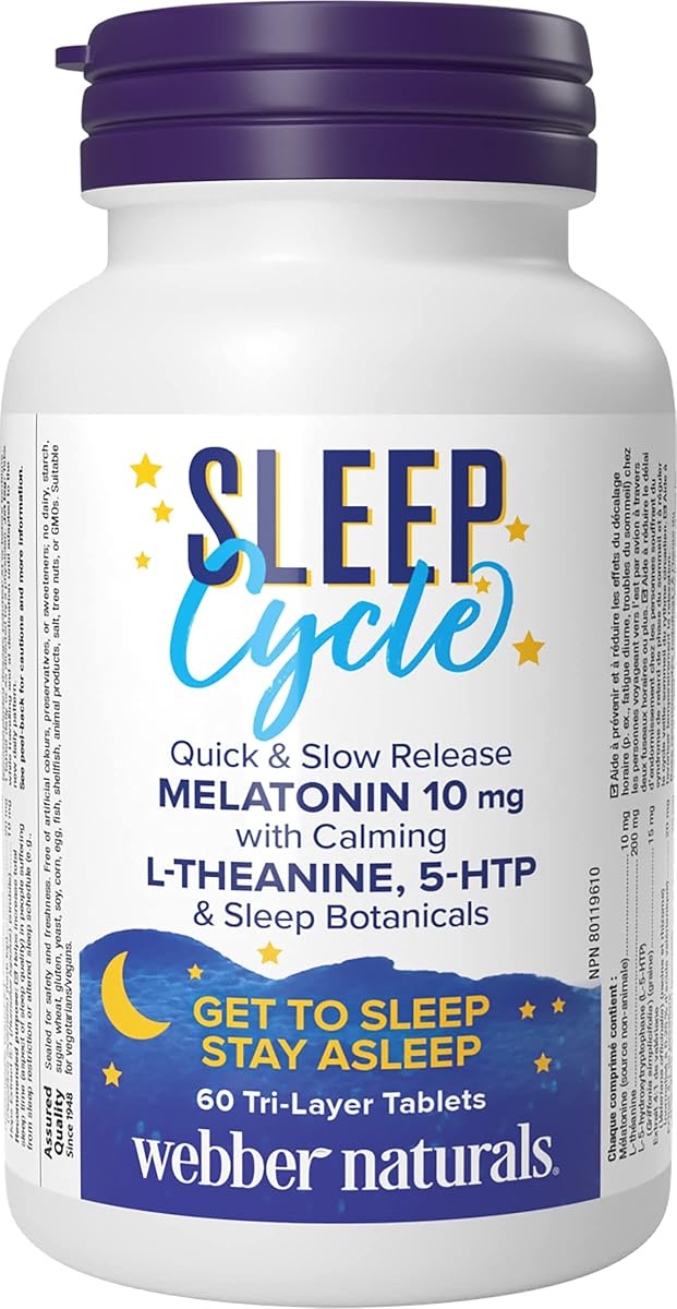 Webber Naturals Webber Naturals Sleep Cycle Melatonin with L-Theanine, 5-HTP & Sleep Botanicals, 60 Tri-Layer Tablets, For Sleep Support, Vegan