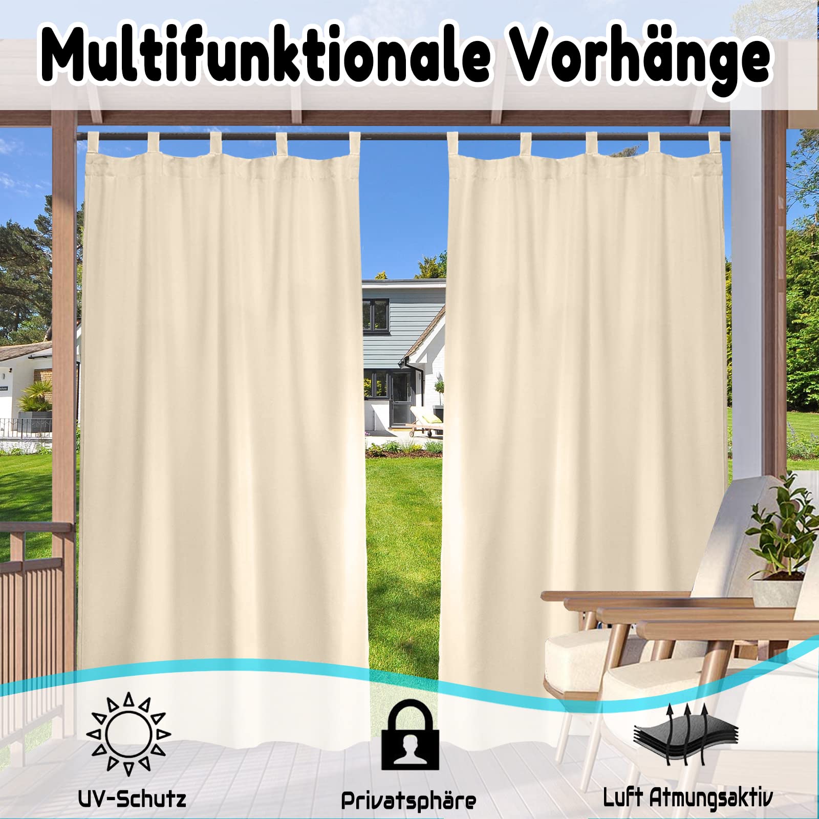Outdoor Vorhänge, 1 Stück Outdoor Vorhang mit Abnehmbaren Schlaufen Einfachen Aufhängen Und Abwickeln, 24 Farben Outdoor Vorhang Wasserdicht Wetterfest Blickdicht für Veranda, Pergola, B177xH213CM