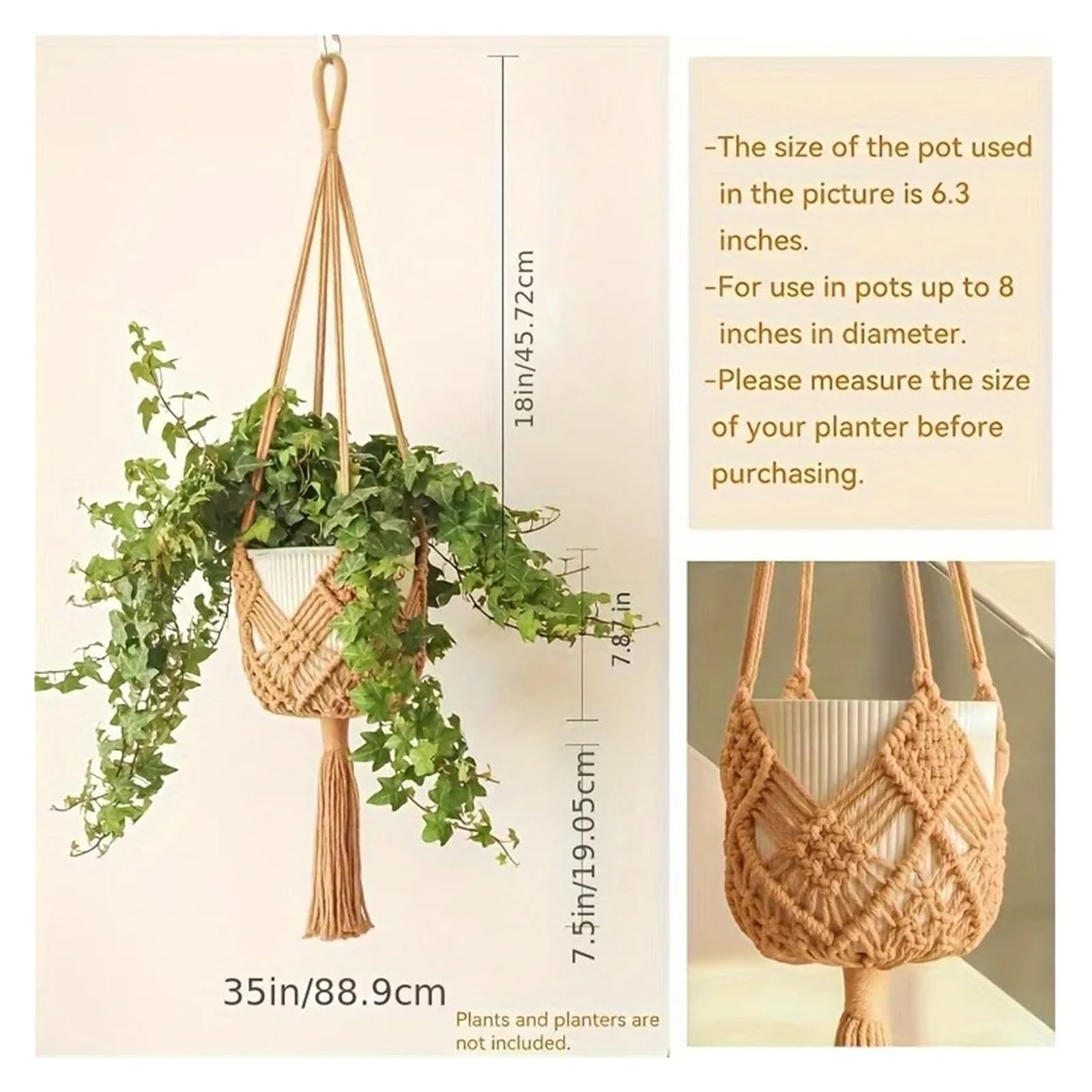 Appendini per Piante Macramè 1pc Macrame Plant Hanger for piante grasse appese for interni ed esterni Corda di cotone intrecciata Cestino appeso con custodia a rete(Black)