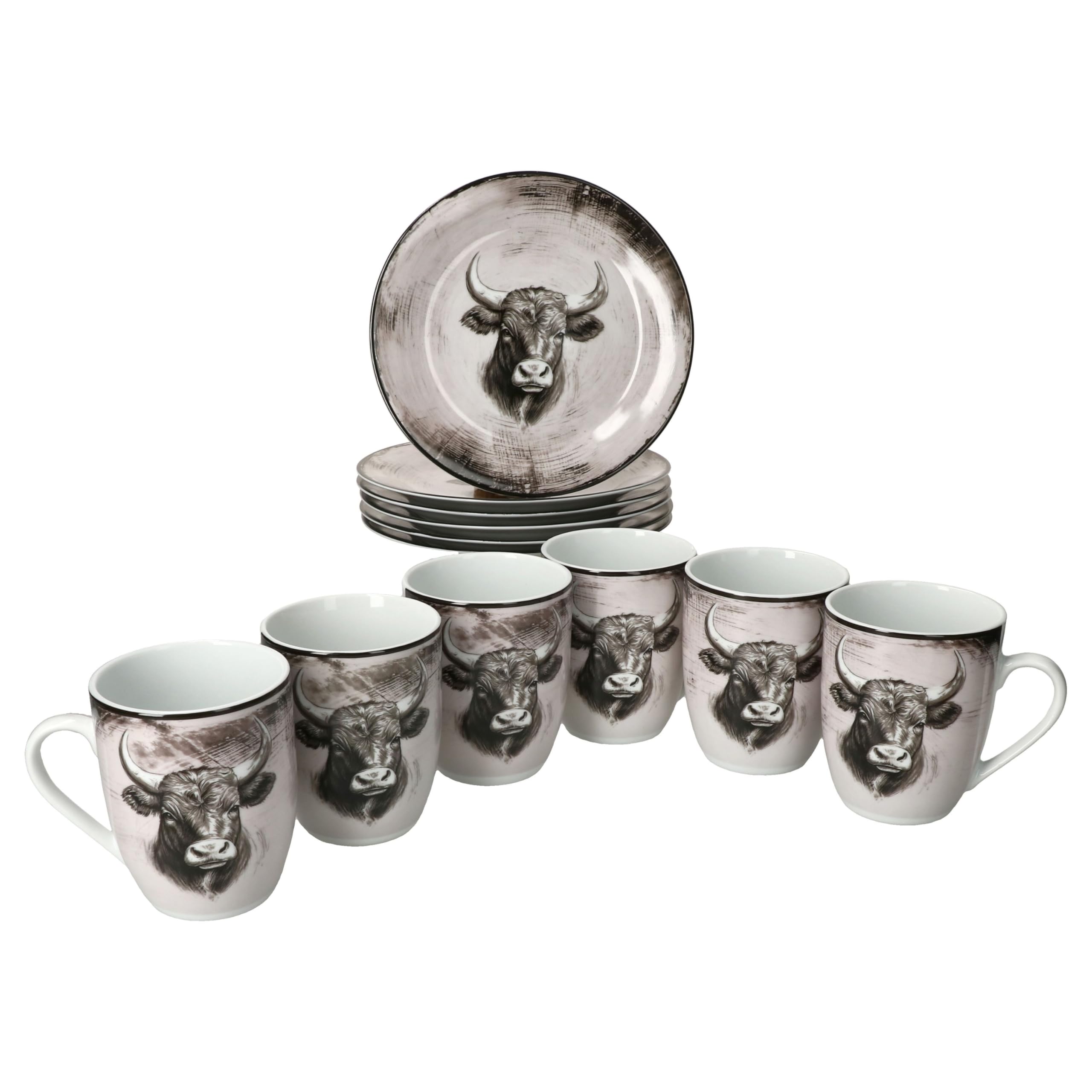 MamboCat Toro 12tlg Frühstücksset I Porzellan-Geschirr mit Kuhmotiv für 6 Personen I je 6x Kaffeebecher 280 ml & Frühstücksteller I rosa-cremefarbener Landhaus-Stil