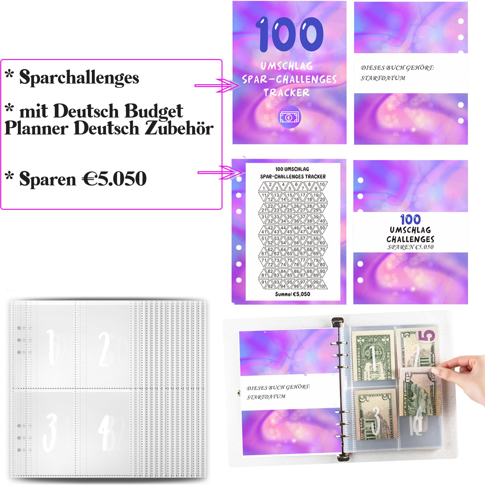 Raccoglitore A5 A 6 Anelli – 100 Pagine Rosa Per Budget E Risparmio A 100 Giorni, Per Coppie E Finanza Personale