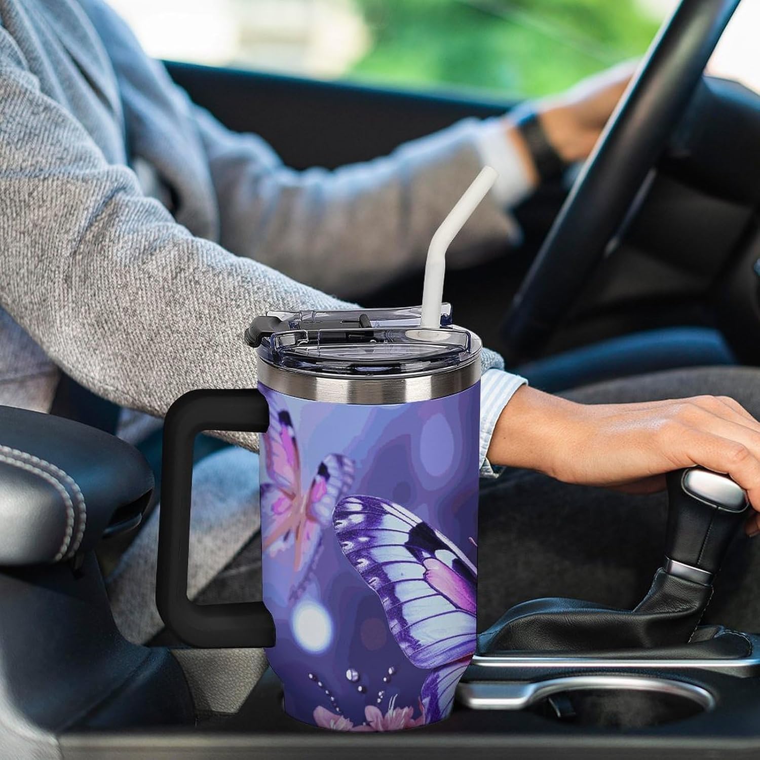 40 Oz Tumbler with Straw And Lid Purple Butterfly Insulated Travel Coffee Mug Stainless Steel Water Bottle Vacuum Insulated Tumblers for Sport Work Car Travel Weekends