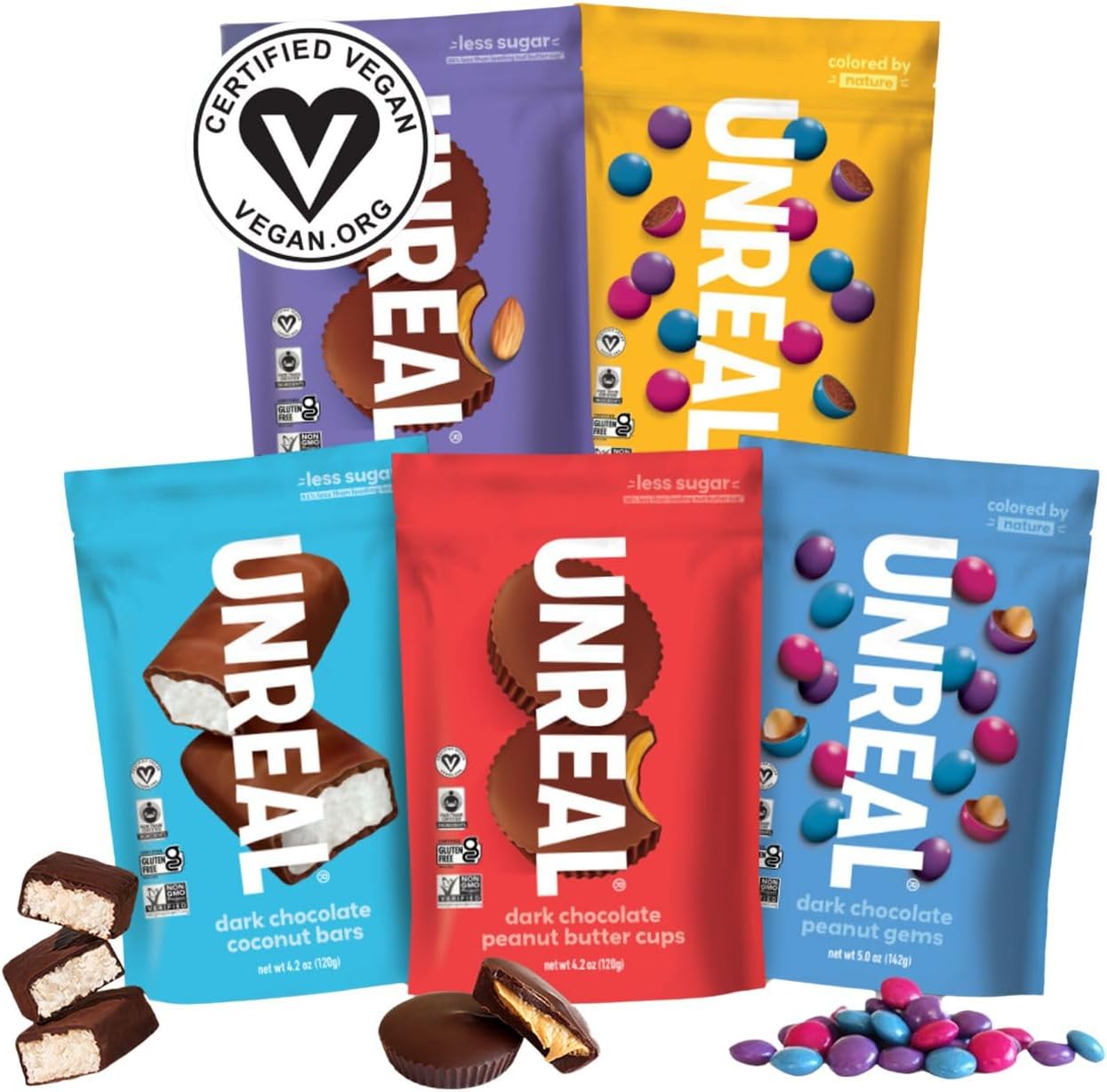 UNREAL Vegan Variety Pack (5 Bag Sampler) | Less Sugar, Fair Trade, Non-GMO Ingredients with no Corn Syrup or Sugar Alcohols, No Soy