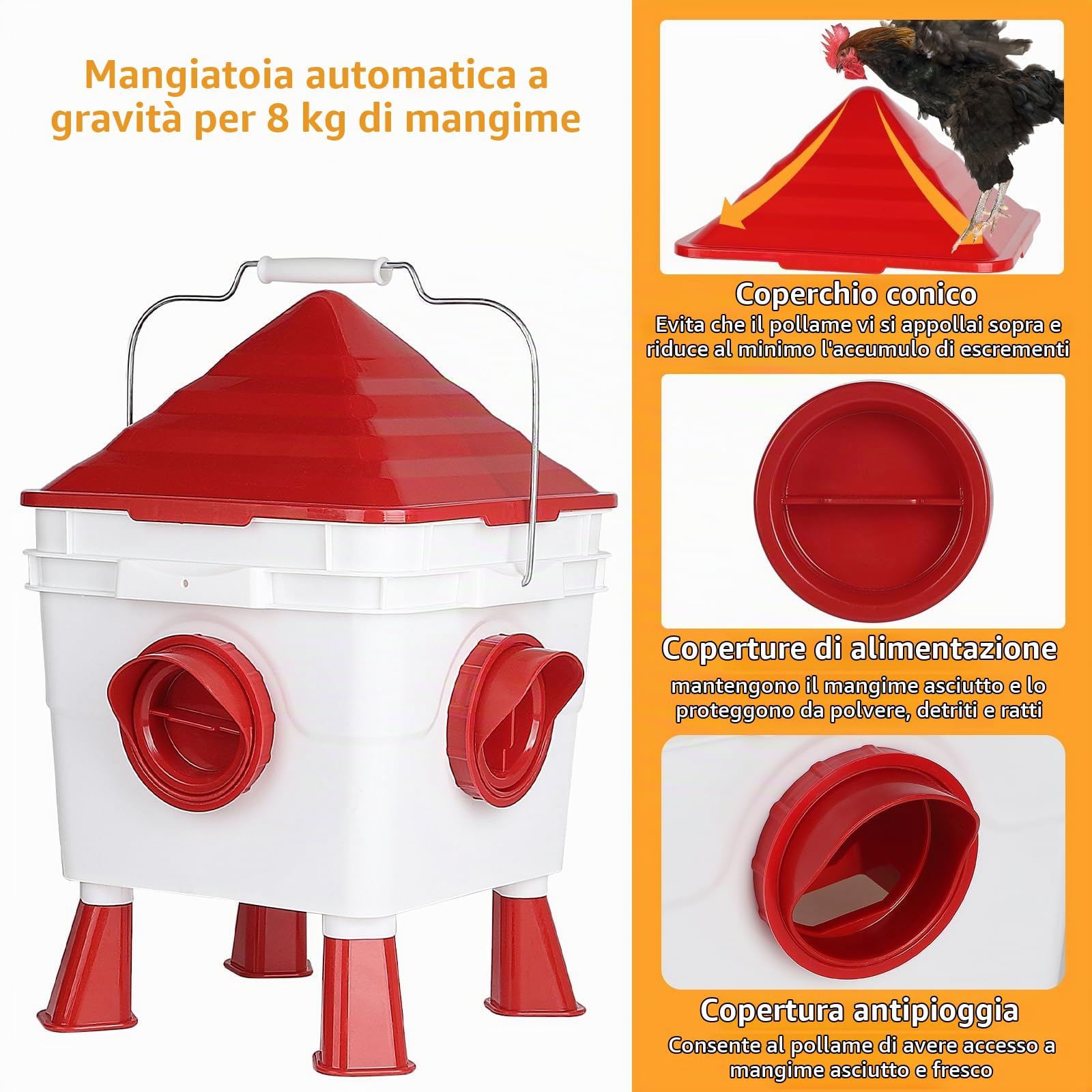 EFUTURETIME Abbeveratoio per Galline Capacità di 7L, Mangiatoia per Galline Capacità di 8KG, Antitopo Mangiatoia Galline Automatica con Catene in Acciaio